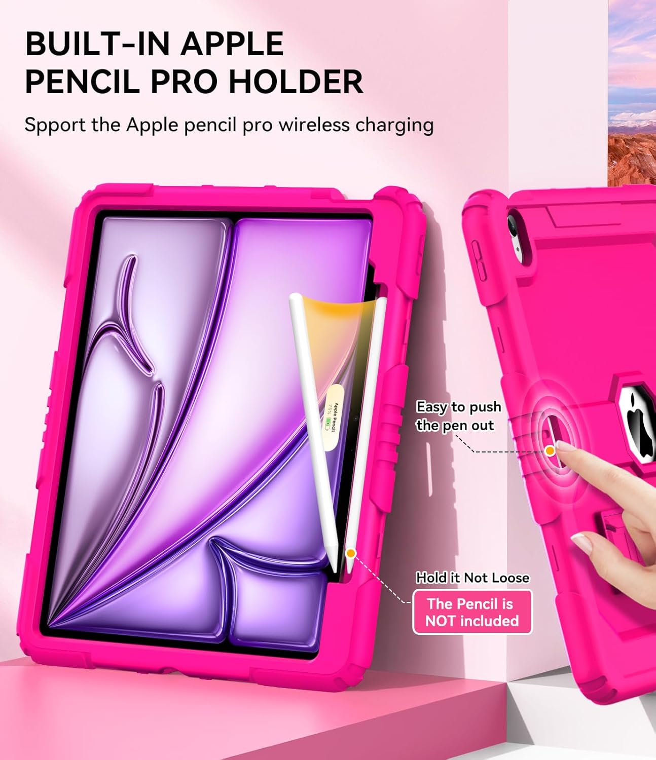 OKP Case for New iPad Air 13 inch M3 (2025), for iPad Air 13-inch M2 (2024), Heavy Duty Shockproof Rugged iPad Air 13'' Protective Cover with Pencil Holder & Built-in Stand, Hot Pink - Image 4