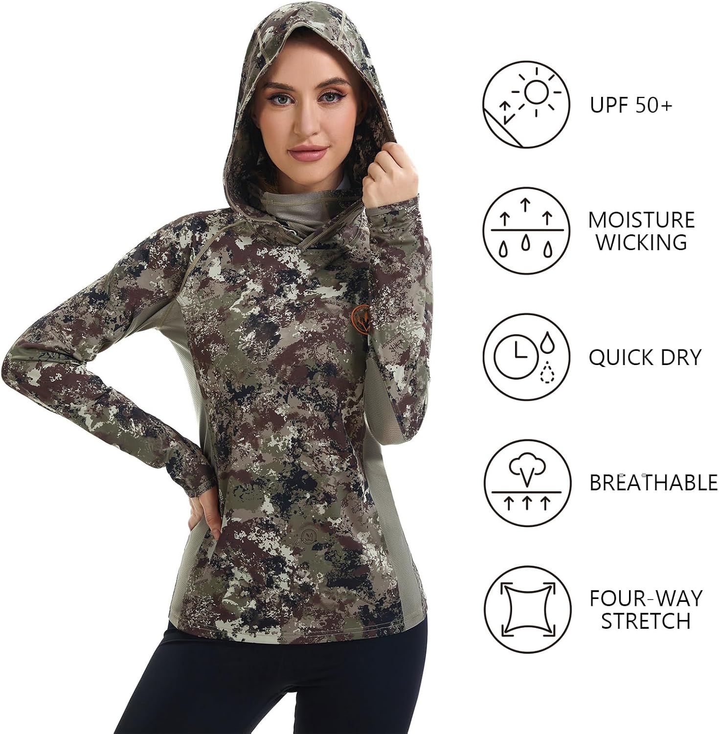 BASSDASH Women's UPF 50+ Camo Hunting Hoodie with Neck Gaiter Breathable Performance Long Sleeve Fishing Hooded Tee FS03W - Image 4