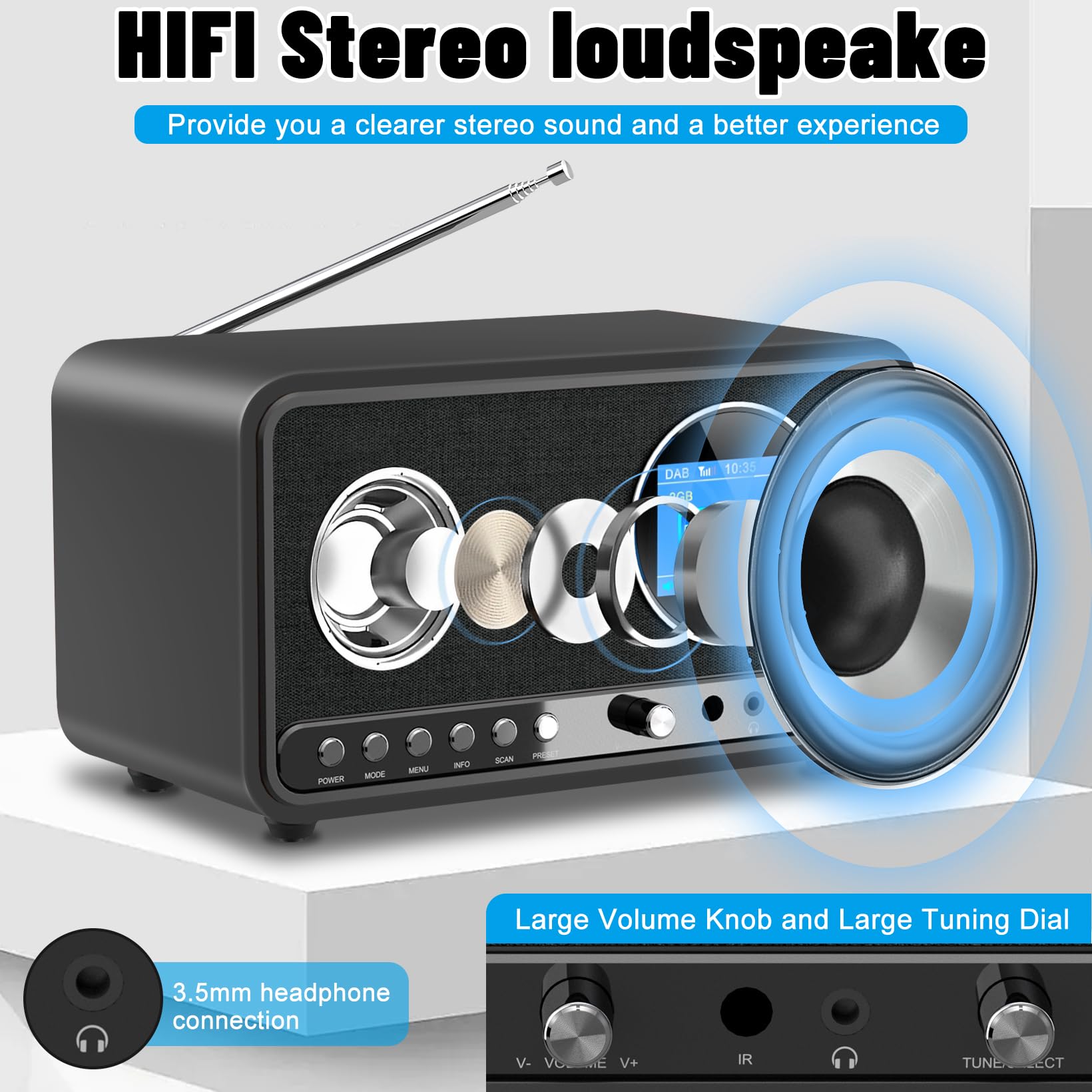 Radio DAB Plus FM Bluetooth Digitale da Cucina con Telecomando e Sveglia Snooze USB Aux Nero