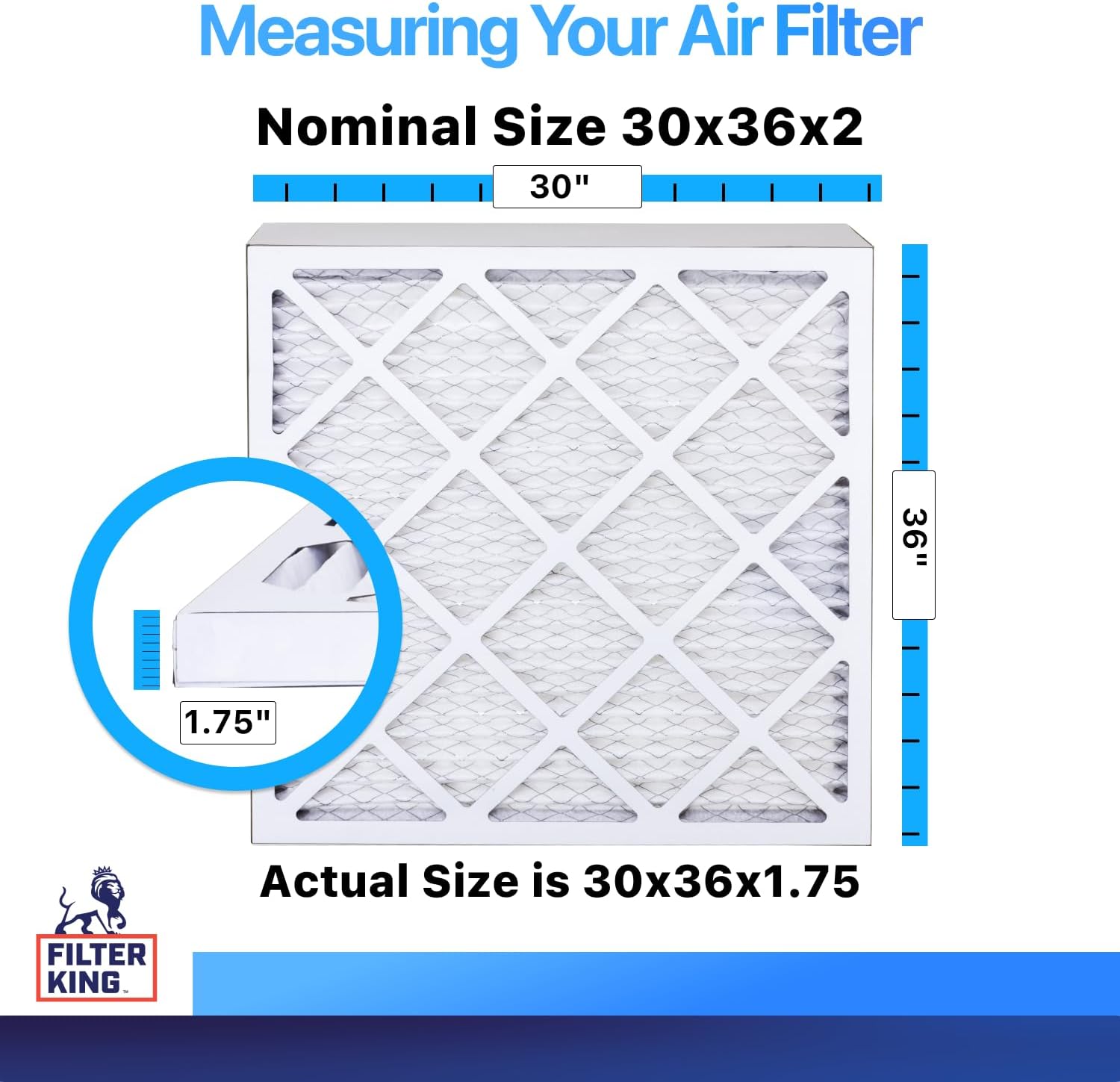 Filter King 30x36x2 Air Filter (MERV 8) (6-Pack) Dust & Allergy Control AC Furnace Filters, MADE IN USA, HVAC, Pleated, Electrostatic (Actual Size: 30 x 36 x 1.75)