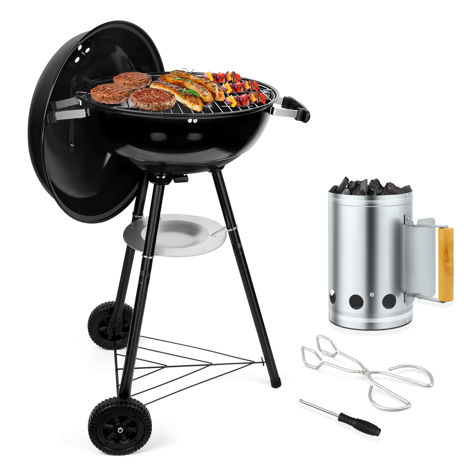 18” Kettle Charcoal Grill & Chimney Starter, Joyfair Barbecue Grill Smoker for Outdoor Grilling Cooking Smoking, Heavy Duty BBQ Grill with Enamel Coated & Dual Vent System, Charcoal Starter with Clamp