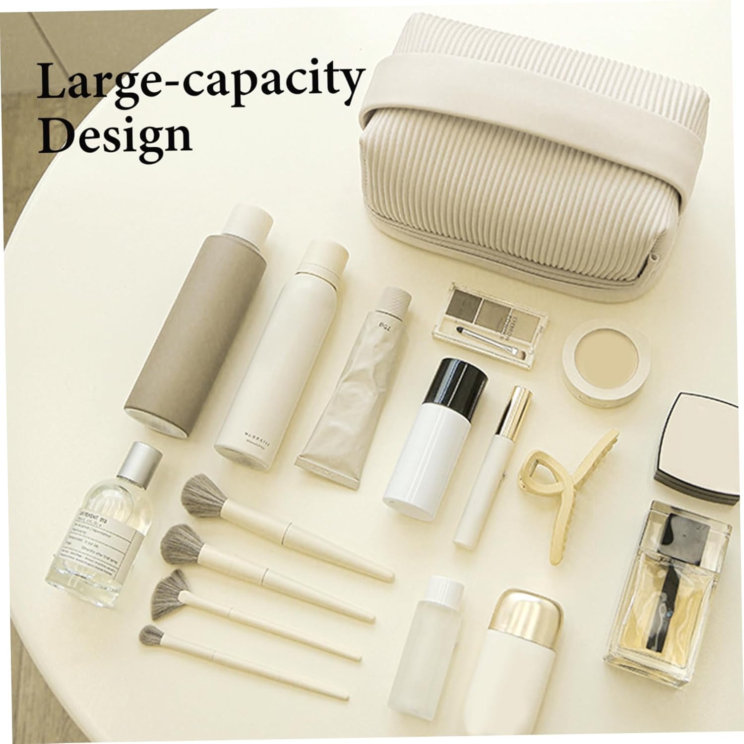 Cosmetic Bags, Leather Makeup Bag Large Double Layer, Makeup Organizer Bag with Brush Area, Portable Toiletry Case for Women, White