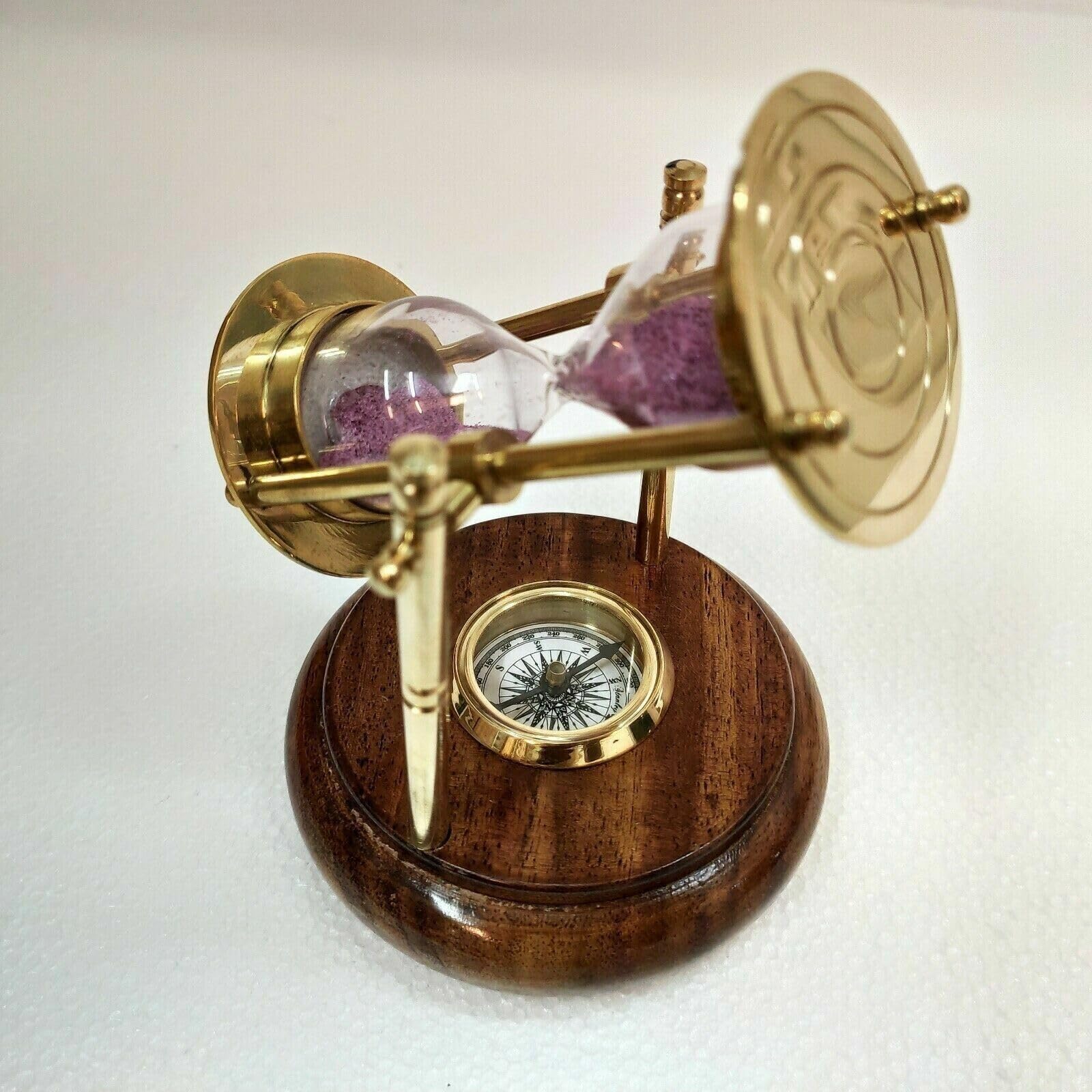 Reloj de arena giratorio de latón antiguo de 6 pulgadas, brújula con base de madera, regalo náutico