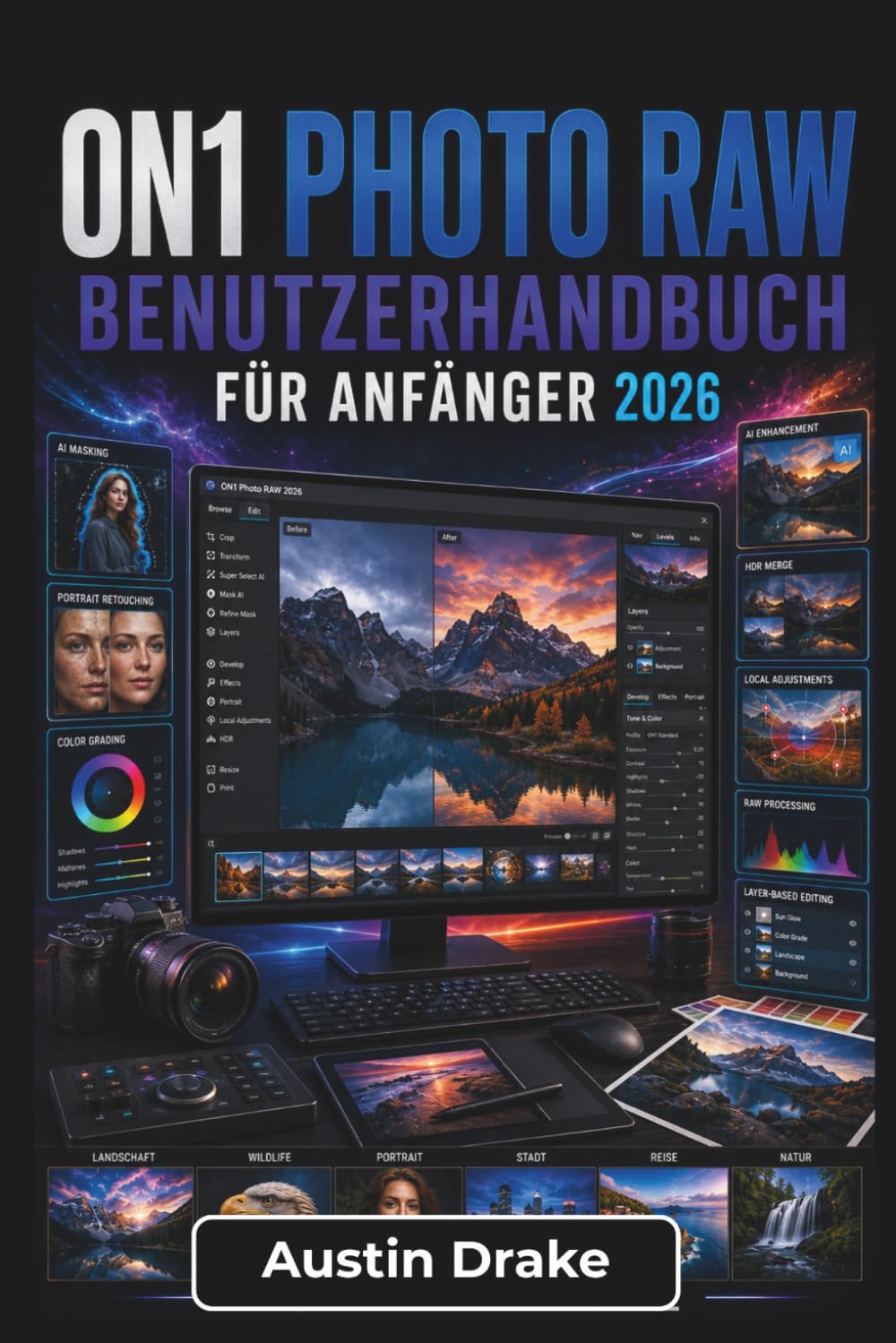 ON1 Photo RAW BENUTZERHANDBUCH Für Anfänger 2026: Fotobearbeitungs-Workflows, die Bildorganisation, RAW Verarbeitung, Farbkorrektur, Ebenen, ... für Druck und digitale Nutzung umfassen