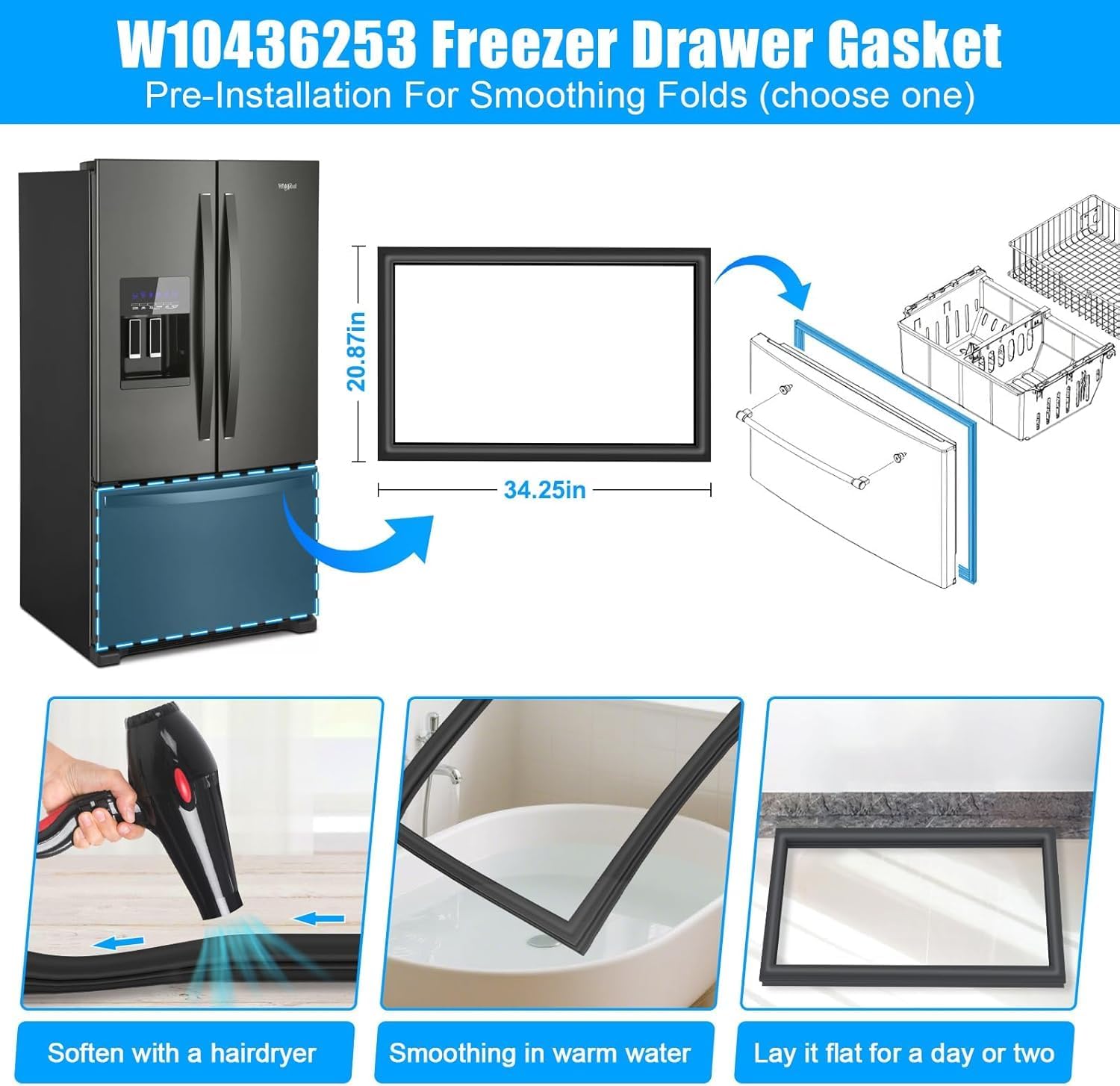 UPGRADED W10436253 WPW10436253 Refrigerator Door Gasket Compatible with Whirlpool Maytag Kitchenaid Fridge Freezer Door Gasket Replacement W10164044 Black Kenmore Refrigerator Door Gasket Freezer Seal