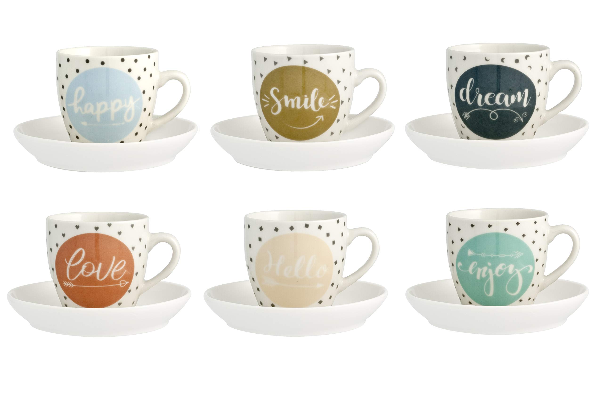 H&H Enjoy Set 6 Tazzine Caffè con Piattino, Porcellana, Multicolore, 100 ml