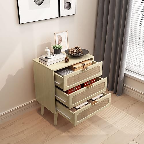Miniatura 17 de RARZOE 2 juegos de mesitas de noche de ratán, cómoda de 3 cajones, armario de almacenamiento de madera, unidad organizadora para dormitorio, sala de