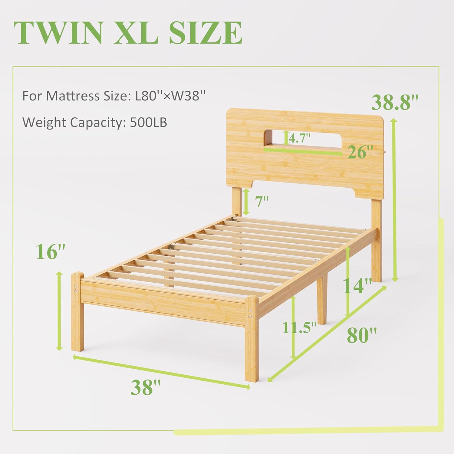 ZIYOO Solid Bamboo Wood Twin XL Bed Frame with Storage Headboard, 14 inch Platform Twin XL Bed Frames No Box Spring Needed with Steel Slats, Sturdy and Stable, Easy Assembly, Noise Free - Image 2