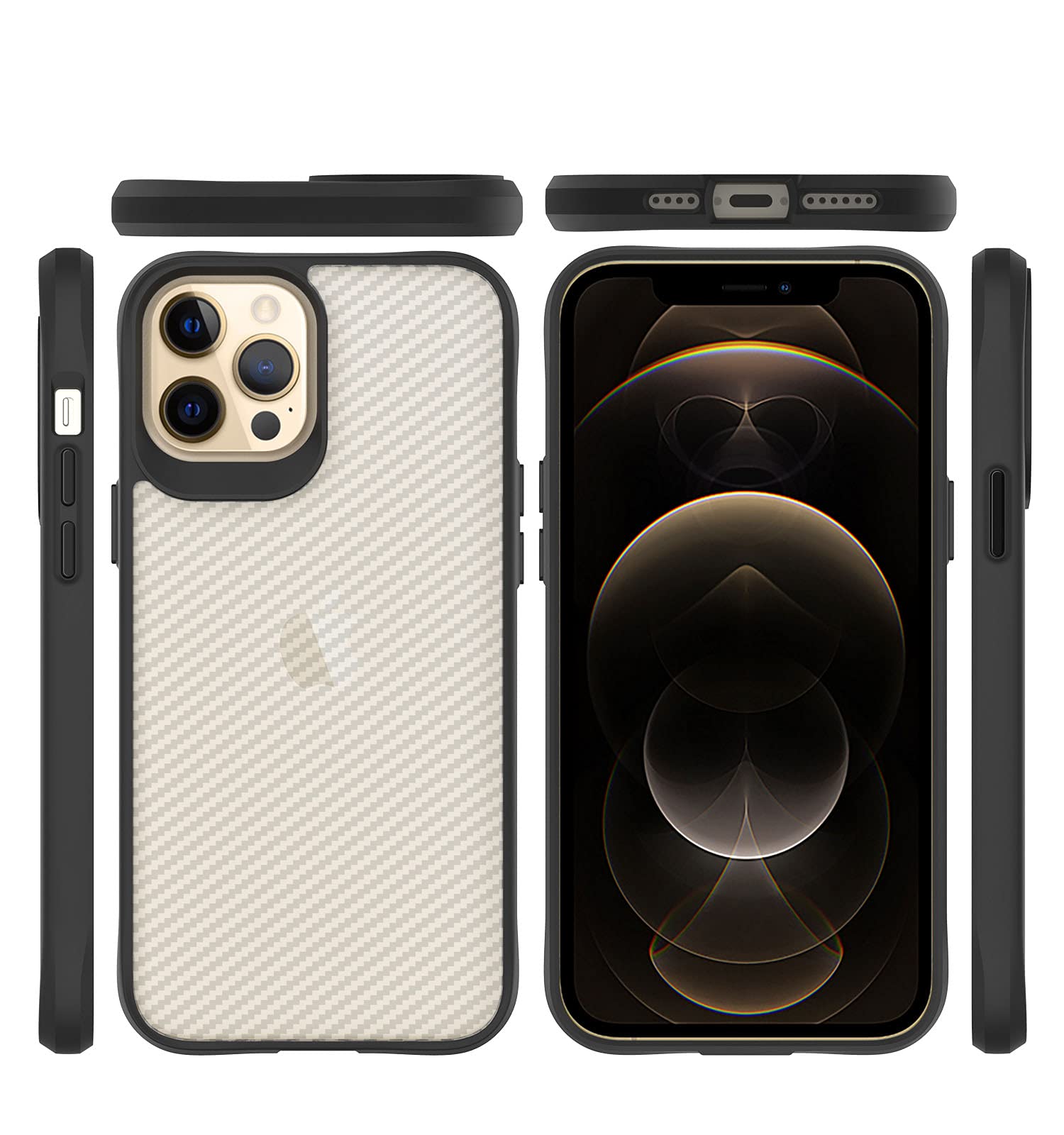 Carbon Fiber Design Mobile Phone case for iPhone 12/iPhone 12 Pro Clear/Black [No Yellowing] [Military Grade Drop Resistance]
