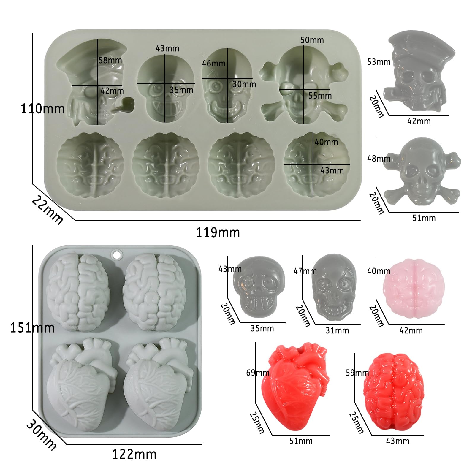 Moldes De Silicona Para Halloween – Calavera, Cerebro Y Corazón – Ideales Para Chocolate, Galletas Y Hielo