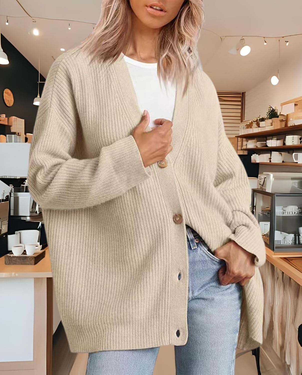 Women's Cardigan Casual Sweater Oversized Long Sleeve V-Neck Button Cardigan Top for Vacation and Daily Life - Image 6