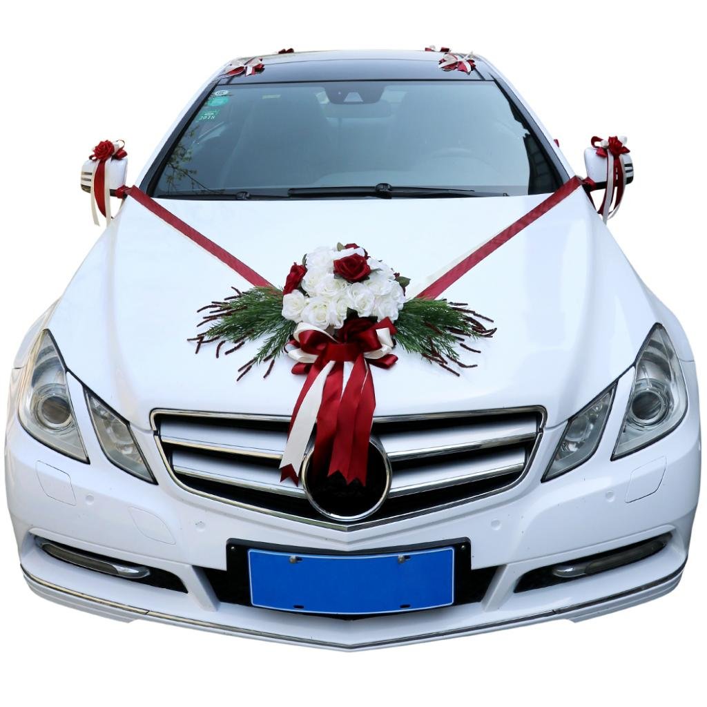 12 Pièces Kit de Décorations de Voiture de Mariage Arcs Fleur en Soie Nœuds Papillon - Rouge