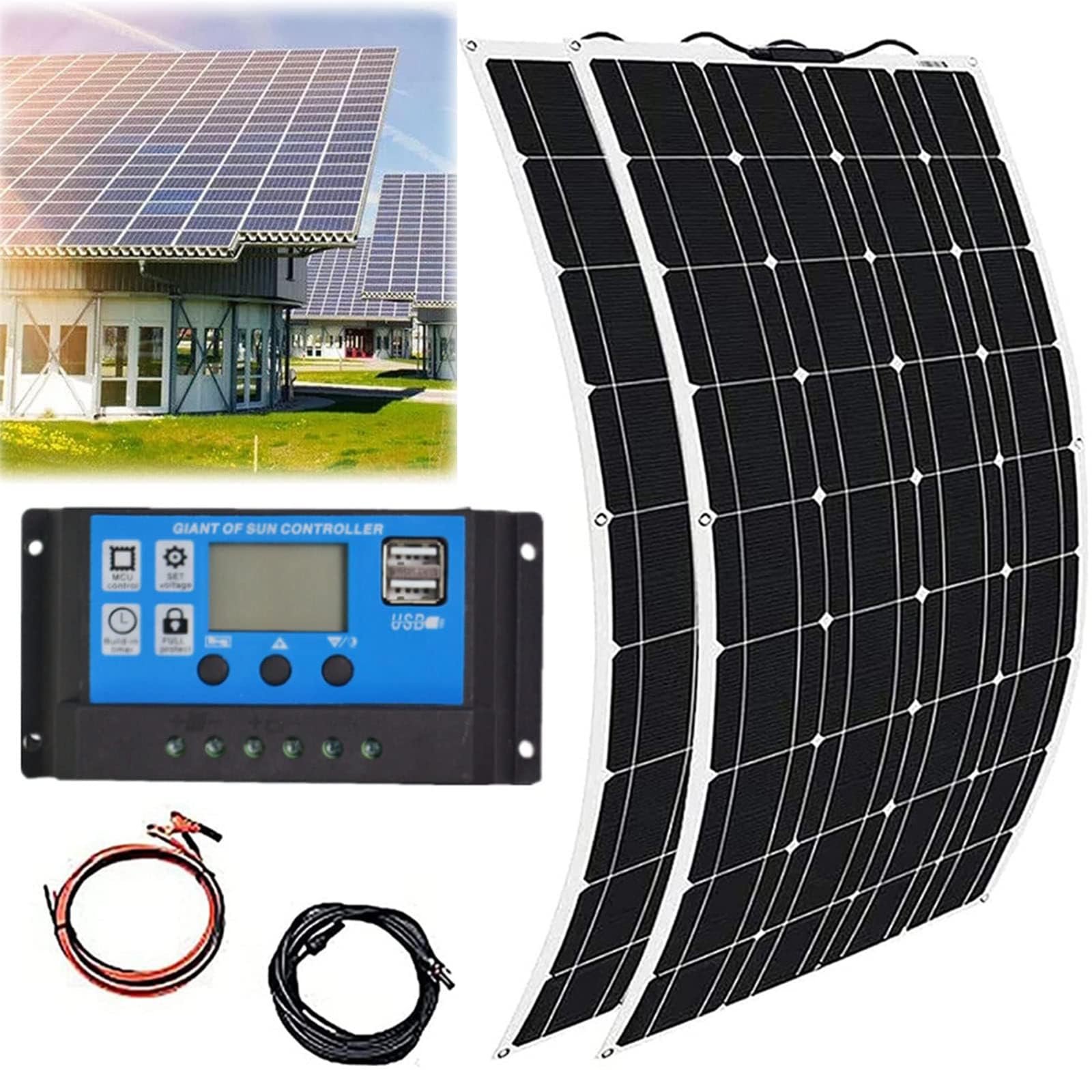 Sistema di Kit di Pannelli Solari da 800 W, Modulo Solare Monocristallino Flessibile da 2 Pezzi 400 W 18 V per Camper, Barca, Tenda, Auto, Rimorchio, Ricarica della Batteria