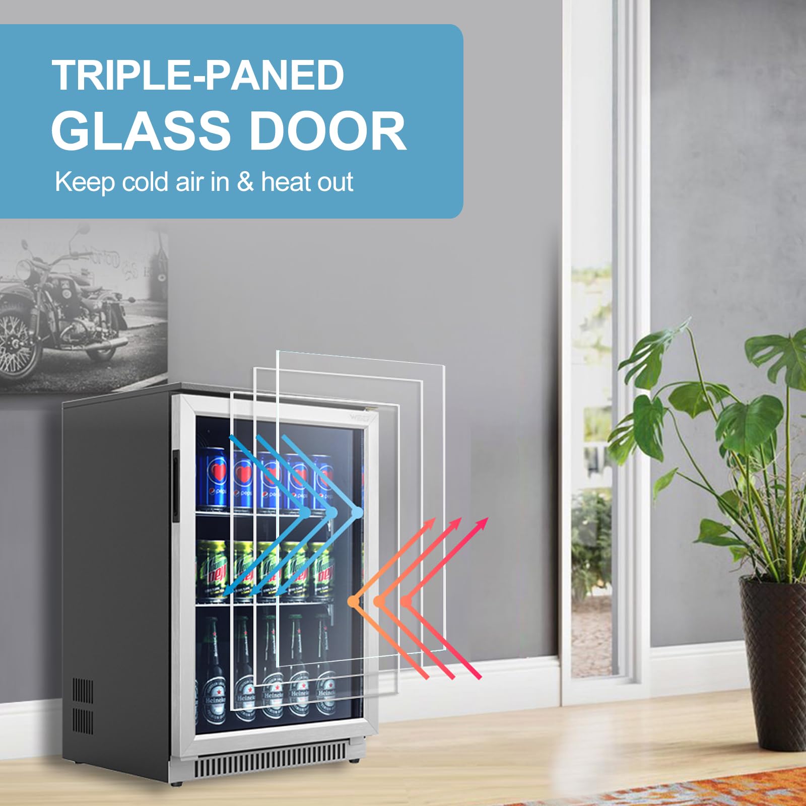 Weili 20 Inch Built In Beverage Refrigerator With Lock, Under Counter Or Freestanding 120 Can Soda Beer Drink Cooler Fridge With Stainless Steel And Glass Door on Fridge.com - View 5