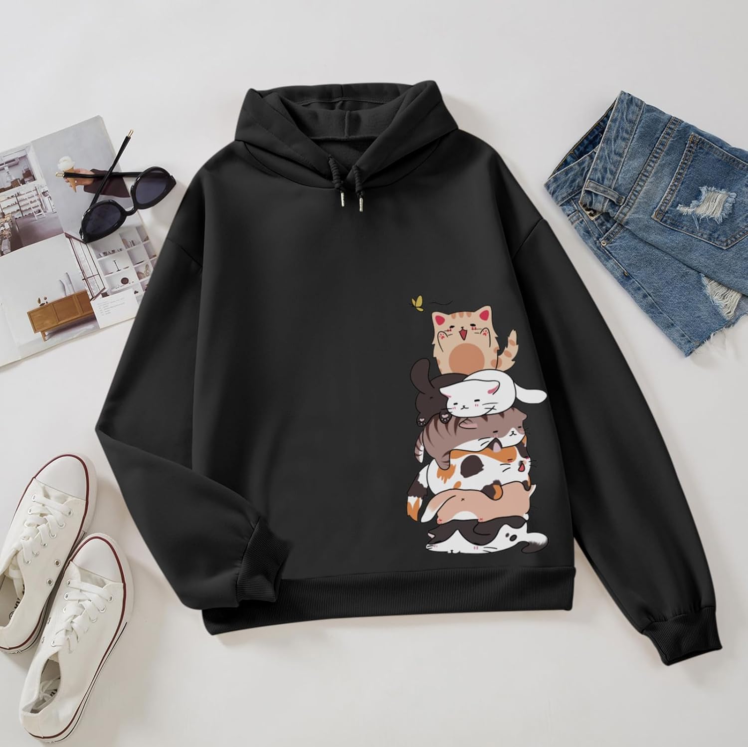 Tuislay Cute Cat Graphic Hoodies for Teen Girls Kawaii Cartoon Printed Hoodie Women Anime Print Hooded Sweatshirt Pullover