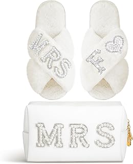 Xtinmee Personalized Initial Wedding Bride Slippers MRS Pearl Letter Makeup Bag Bridal Shower Gifts for Wedding Day (F)