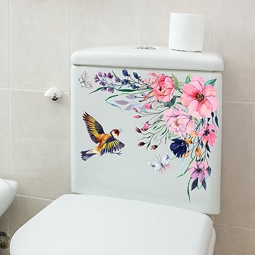 Adhesivo decorativo de PVC autoadhesivo para inodoro, delicada, flor, mariposa, pájaro, calcomanía divertida para baño, cocina, pared de inodoro,