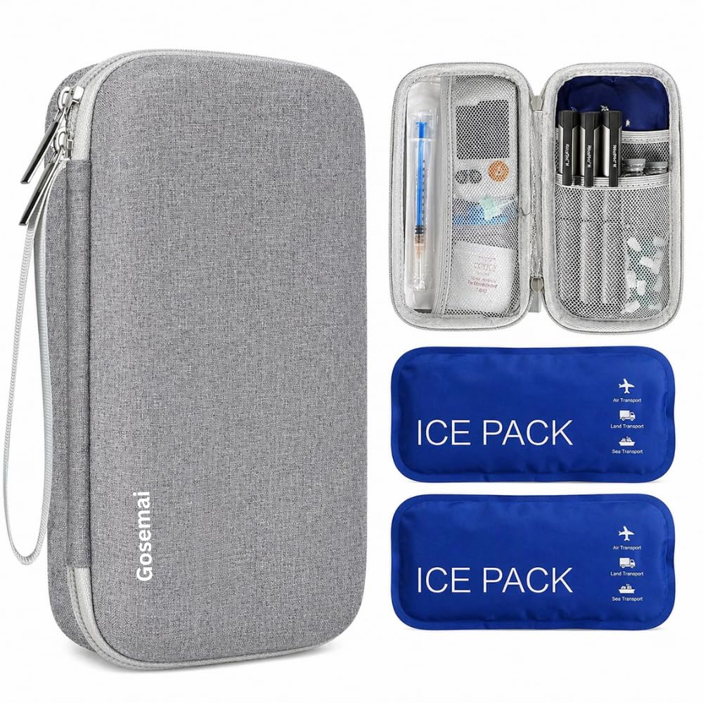 Gosemai Insulin Cooler Travel Case with 2 Ice Packs TSA Approved Hard Shell Diabetic Medication Bag for Insulin Pens Syringes and Tablets Compatible with Ozempic Mounjaro (Grey Small) 1