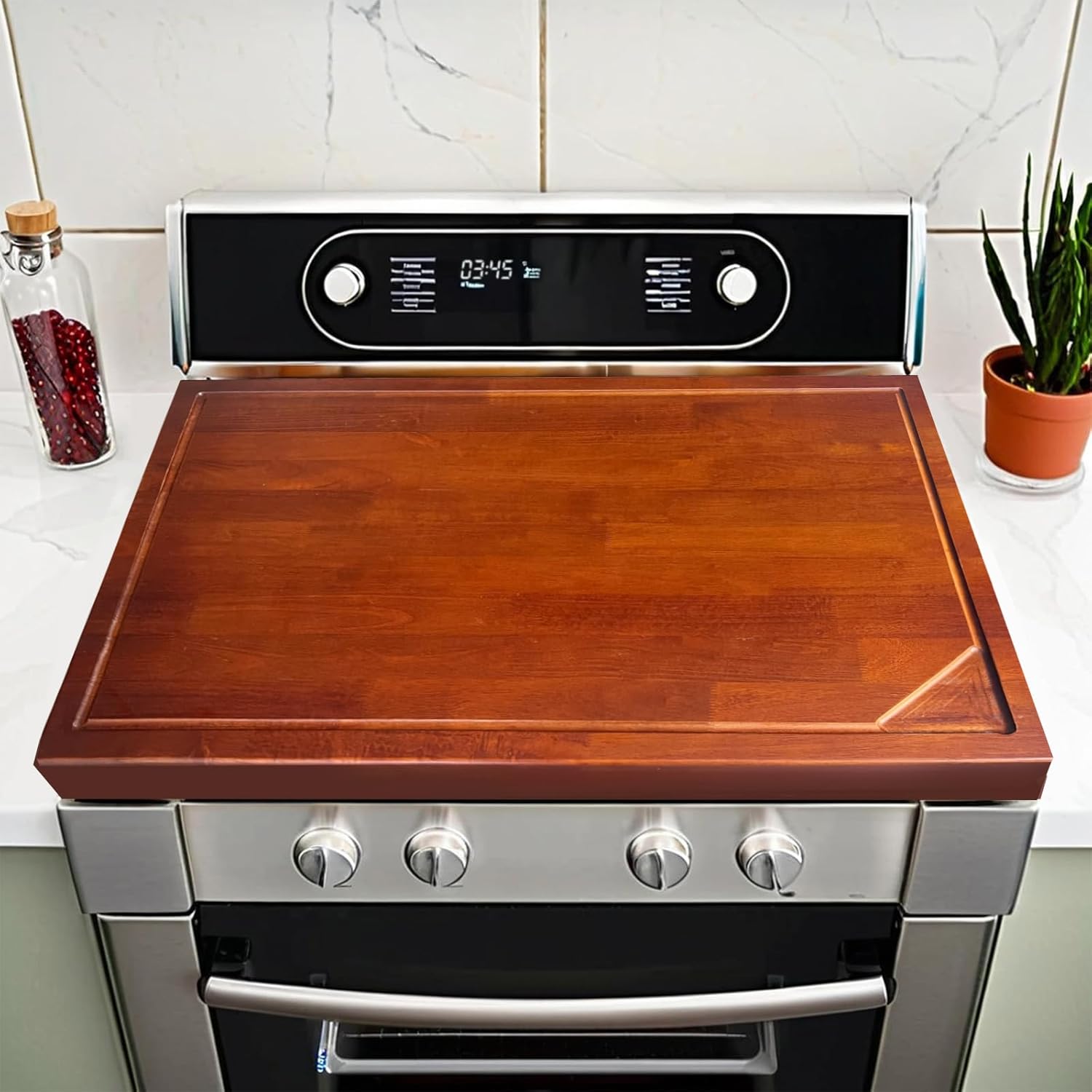 Wood Stove Cover Board for Gas Range Stovetop, Oak Noodle Board Electric Stove Cover for RV Stove Top, Extra Countertop Space for Kitchen Stovetop 30"L x 22"W (Oak-Brown)