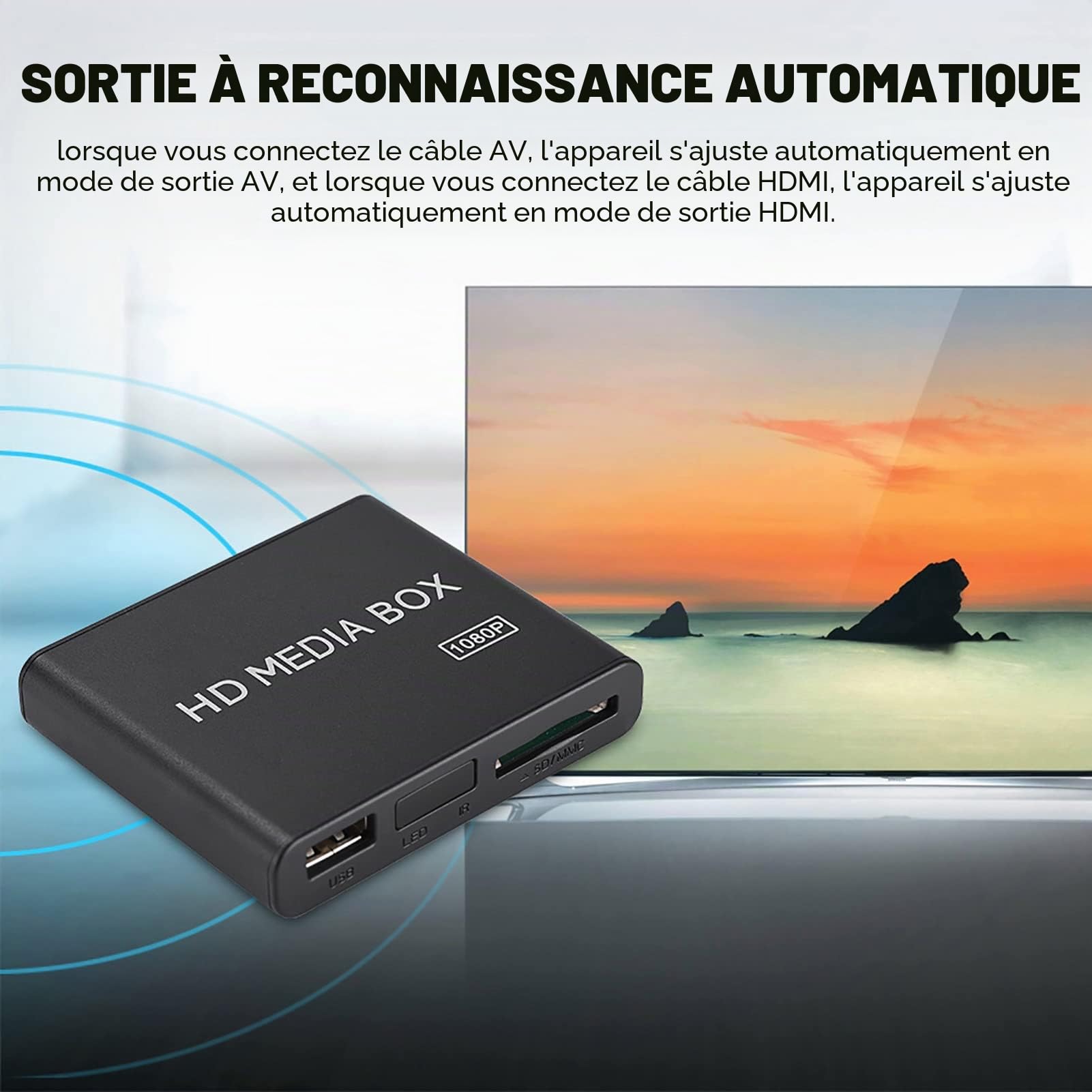 Mini Box Décodage Lecteur Multimédia de Petite Taille, Forte compatibilité Lecteur Multimédia 1080P Belle Apparence Prise en Charge RM/RMVB (Real8/9/10) Prise (Prise UE)