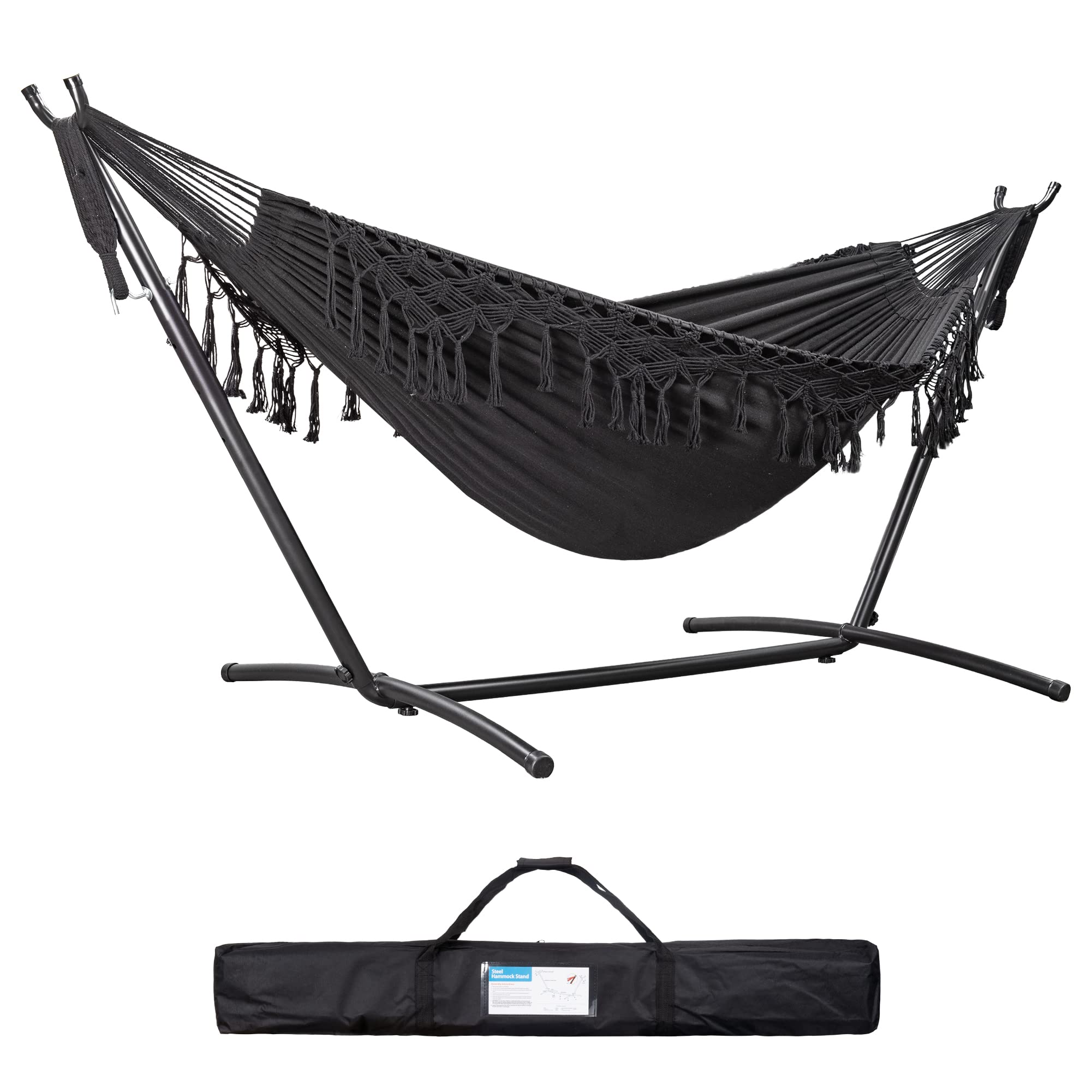 Oriolus Hammock with Stand Included Portable Double Boho Macrame Black Hammock and Heavy Duty Free Standing Stand for Indoor Outdoor Patio and Camping 450lb Capacity