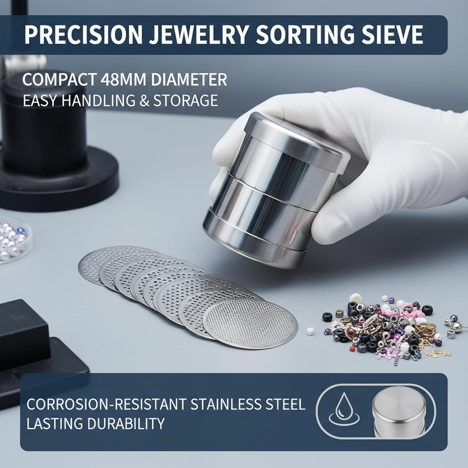 Tamiz De Acero Inoxidable De Malla Fina De 48 Mm, Clasificador De Cuentas Para Herramientas De Fabricación De Joyas, Tamices Para Clasificar Diamantes Y Piedras Preciosas.