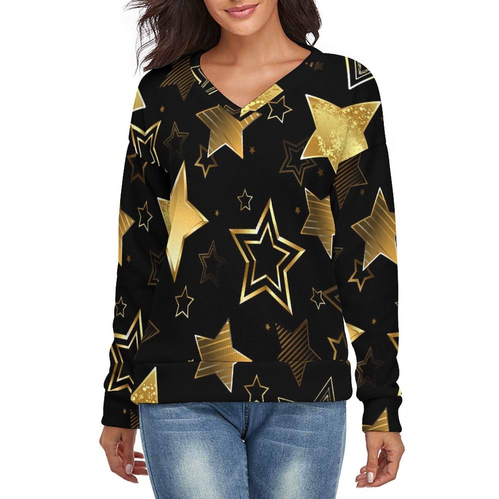 Womens Pull Over V Neck Long Sleeves Golden Star Knit Sweater Trendy Jumpers Top