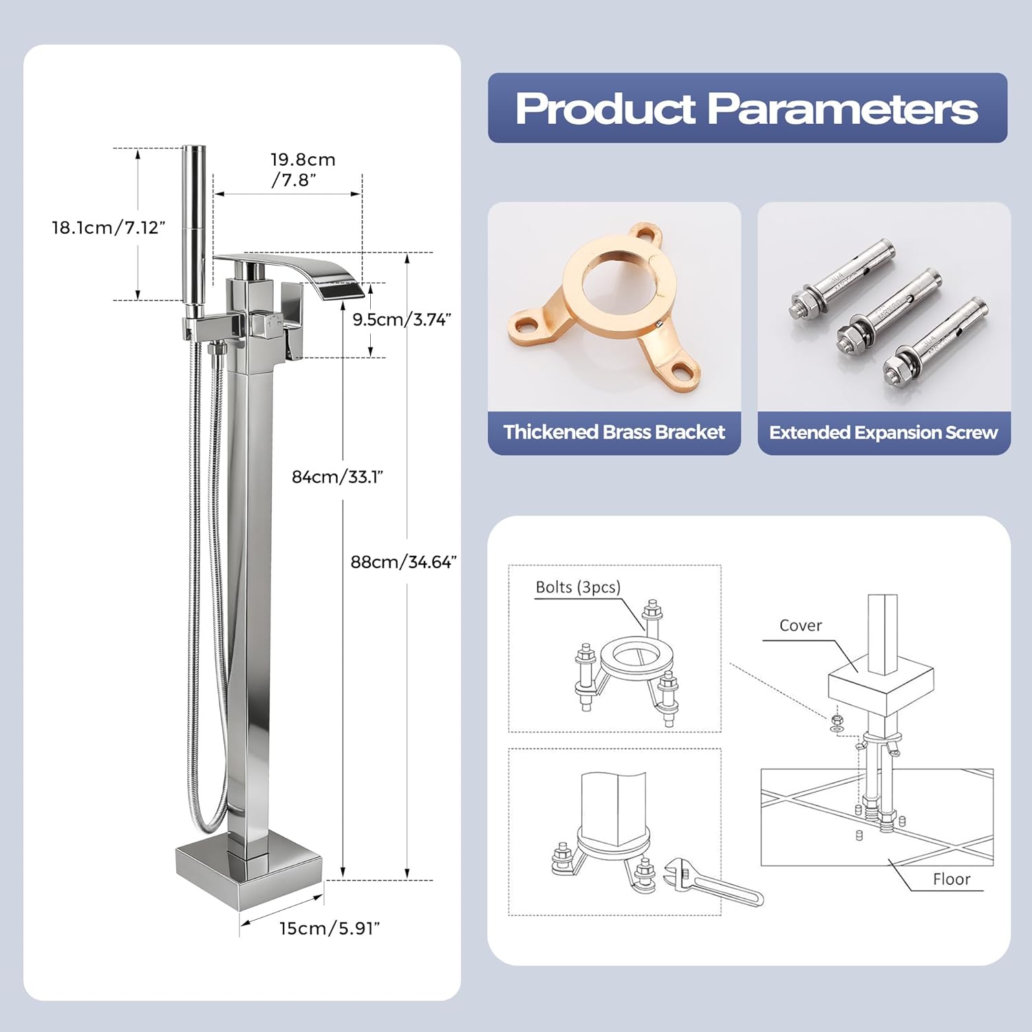 Waterfall Freestanding Bathtub Faucet, Floor Mount Bathroom Tub Filler Shower Faucets with Handheld Sprayer, Chrome