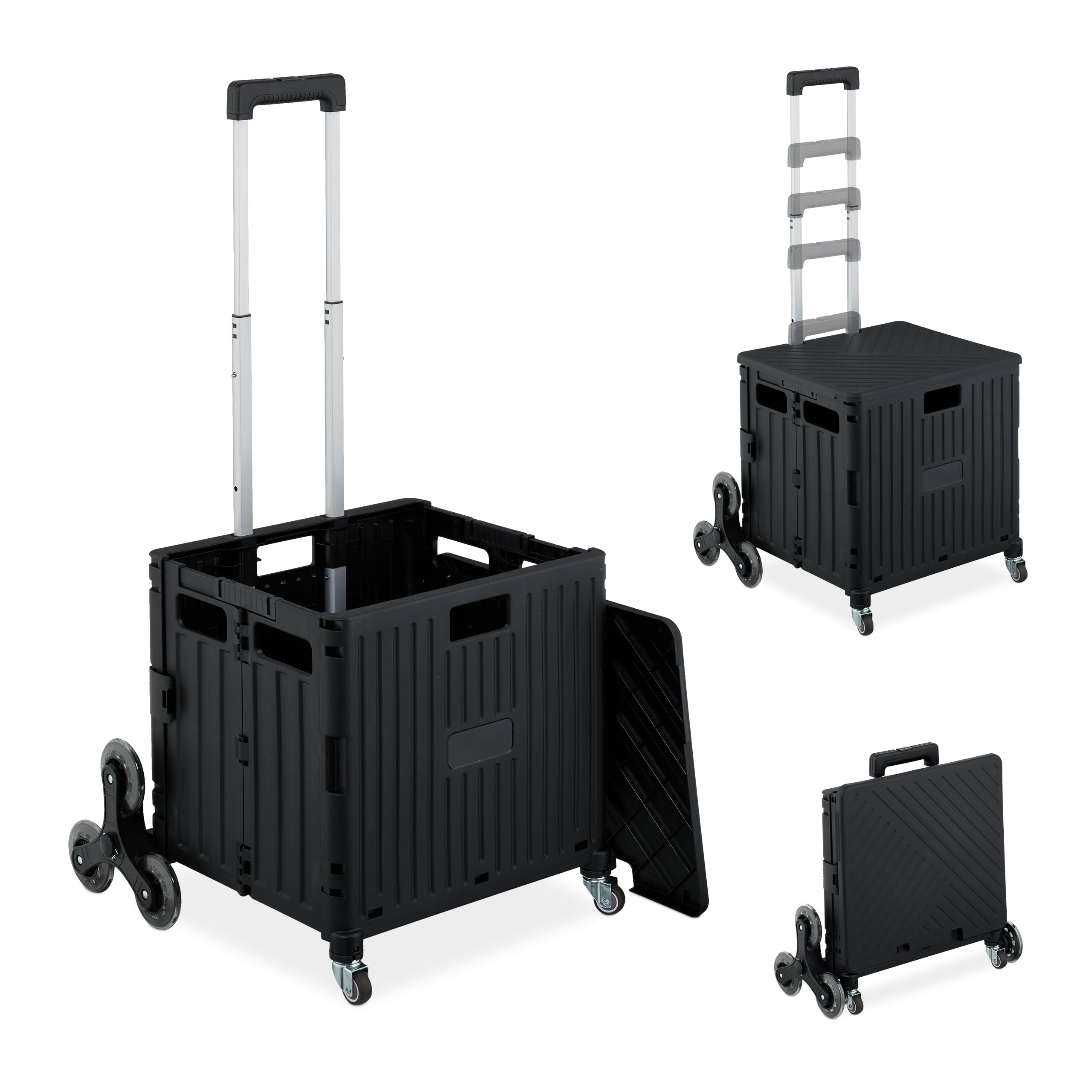 Relaxdays Einkaufstrolley Treppensteiger, klappbar, Einkaufskorb mit Rollen, Deckel, Teleskopgriff, bis 35 kg, schwarz
