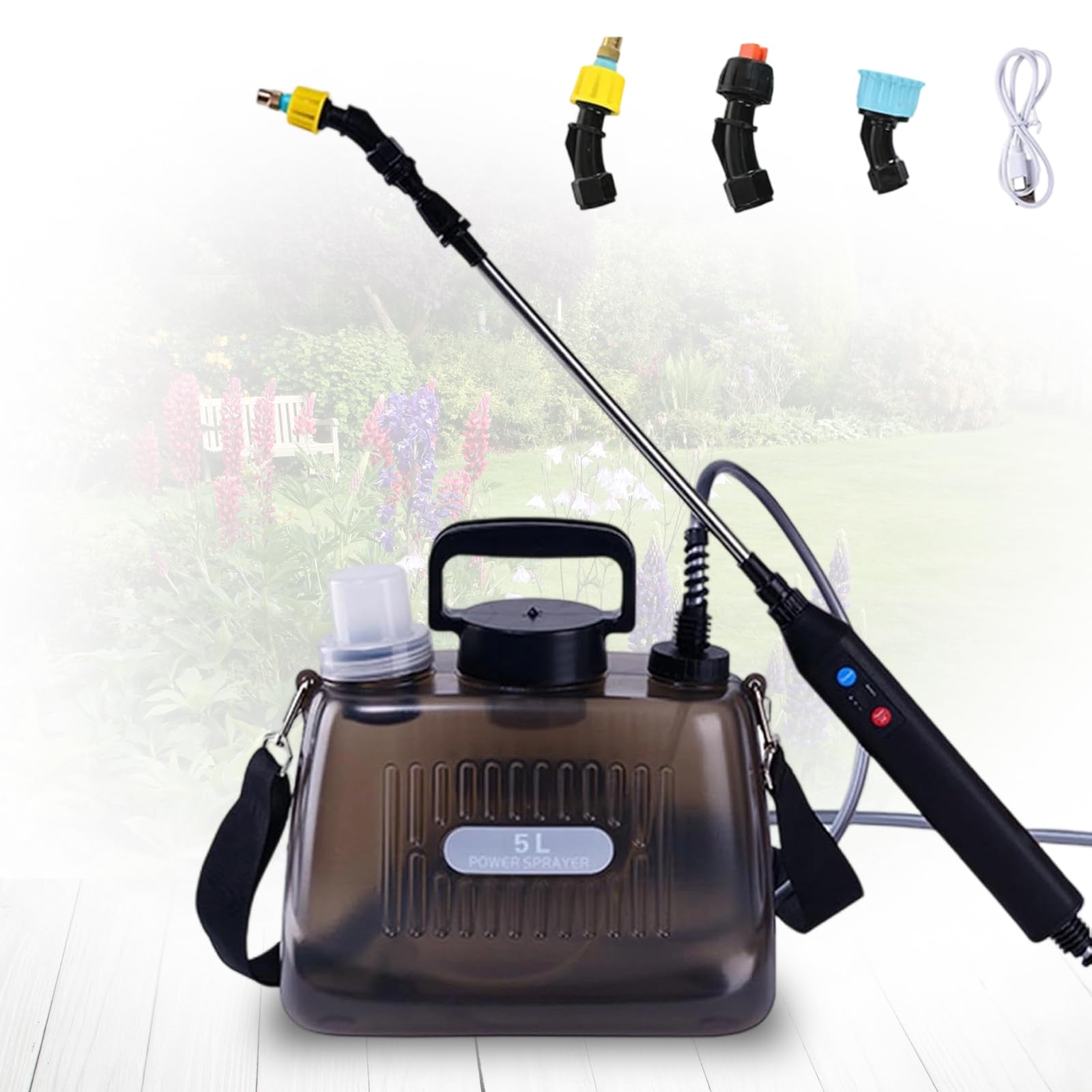 Spruzzatore Elettrico 5L, Nebulizzatore Giardino con 3 Ugelli Regolabili, Impugnatura ricaricabile USB, 60 cm Asta Telescopica e tracolla regolabile, Spruzzatore per Erbacce da Giardino e Piante