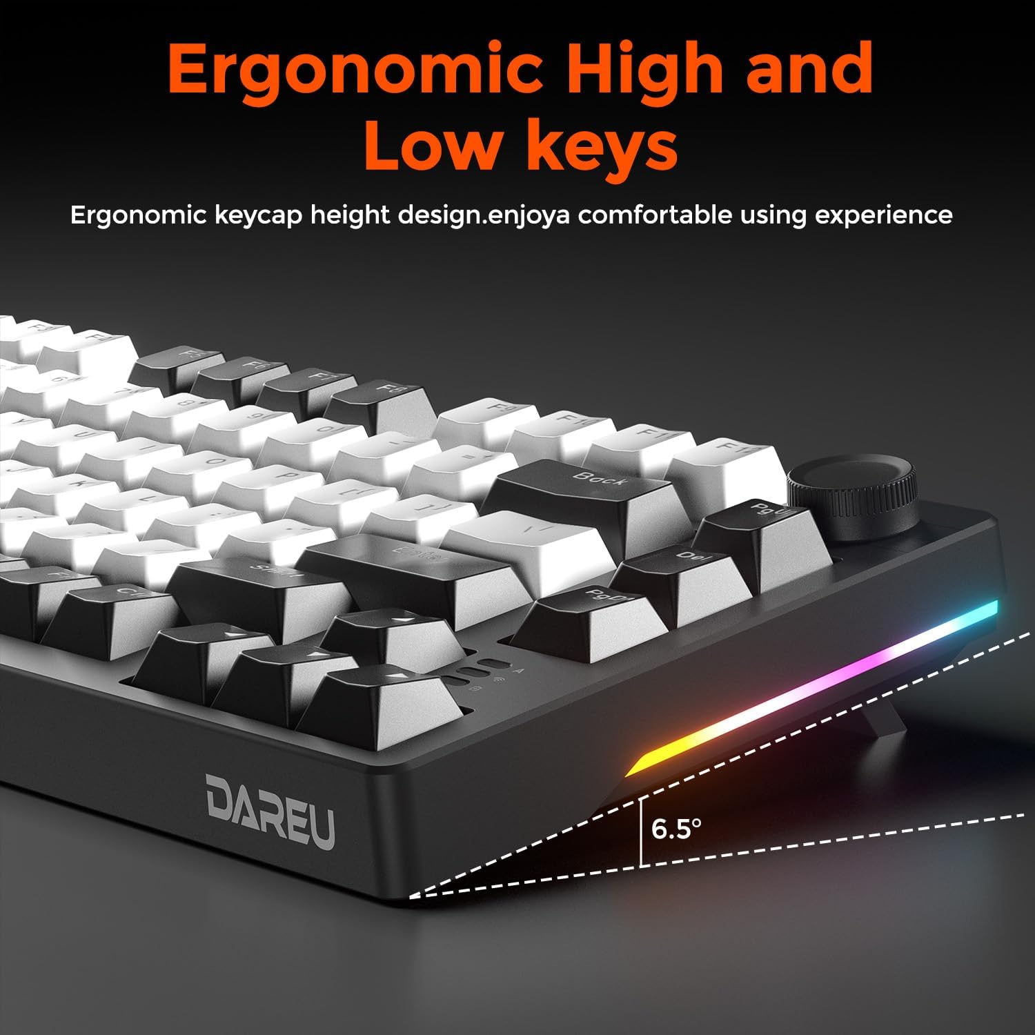 DAREU EK75 keyboard displaying rainbow backlighting and RGB side lights
