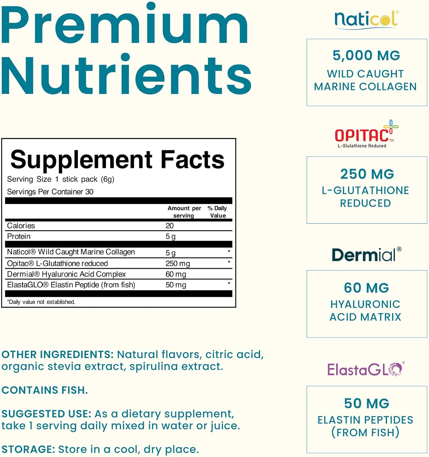 EarthNutri - Wild Caught Marine Collagen Powder - Supplement for Skin, Hair & Nails - Enhances Skin Elasticity & Hydration - Hydrolyzed Collagen Peptides - Non-GMO - Ocean Breeze - 30 Sticks (1Pack)