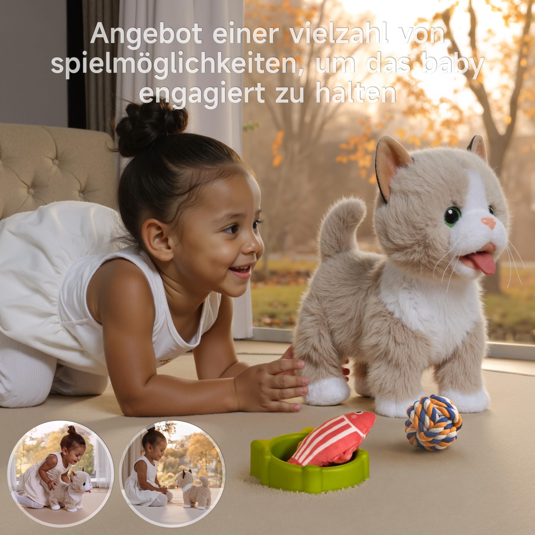 TUMAMA Interaktives Katze Spielzeug für Kinder, Kuscheltier Kittens Mit Fernbedienung Leine Der Läuft Und Bellt, Plüschtier Elektronisches Kätzchen Haustier ab 3 4 5 6 - Gehen, Miaut, Schwanz Wedeln