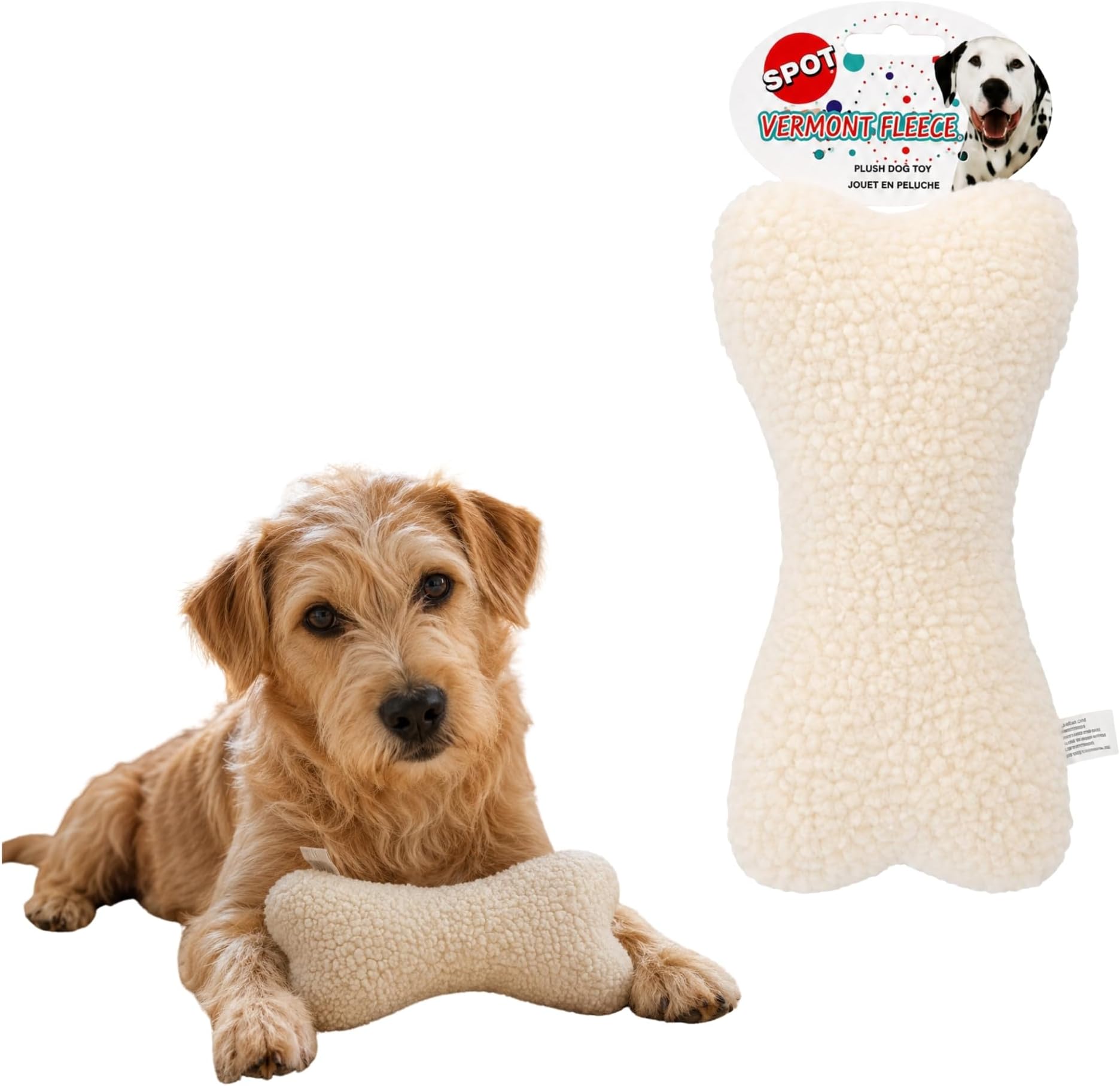 SPOT 9in Vermont Style Fleece Bone Dog Toy – Soft Comfort Plushie for Medium Dogs & Puppies – Built-in Squeaker – No Plastic Parts – Safe for Light Chewers – Cuddly & Calming Pet Toy