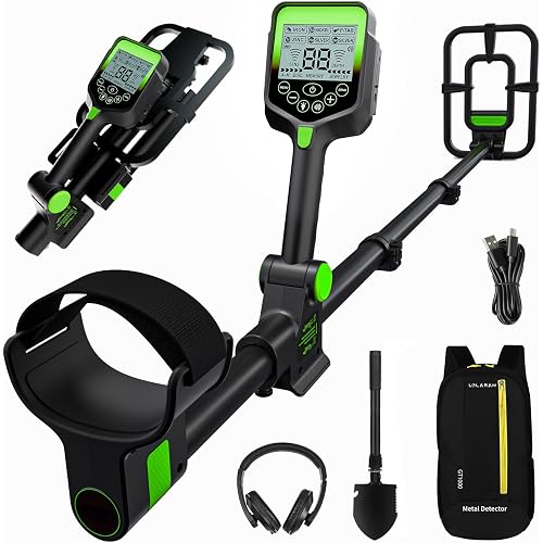 LOLARAN Rechargeable Metal Detector Kit for Adults - Foldable, Waterproof Search Coil, Adjustable Height, Includes Shovel, Backpack, Headphones, Pinpointer, Ideal for Gold & Silver Detection, Green