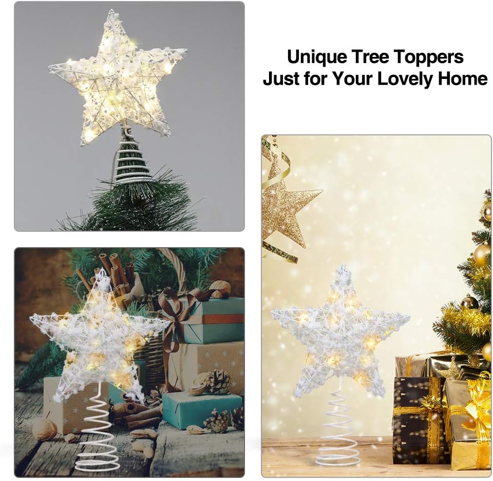 Haoogoo Christmas Tree Topper, LED Star Treetop with White Snowflake, Lighted Pentagram Snow Tree Top with 20 Mini Lights for Christmas Tree Decorations