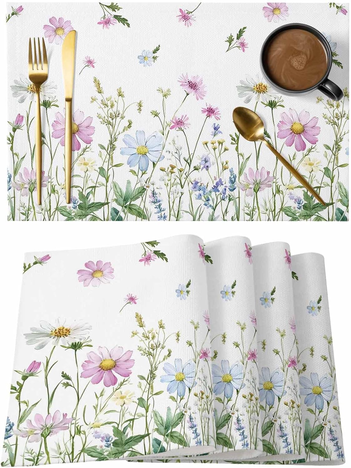 Spring Flower Floral Placemats Set of 6,Non Slip Washable Table Mats Set, Colorful Spring Table Placemats for Kitchen Dining Table,Wedding Holiday Party Decoration