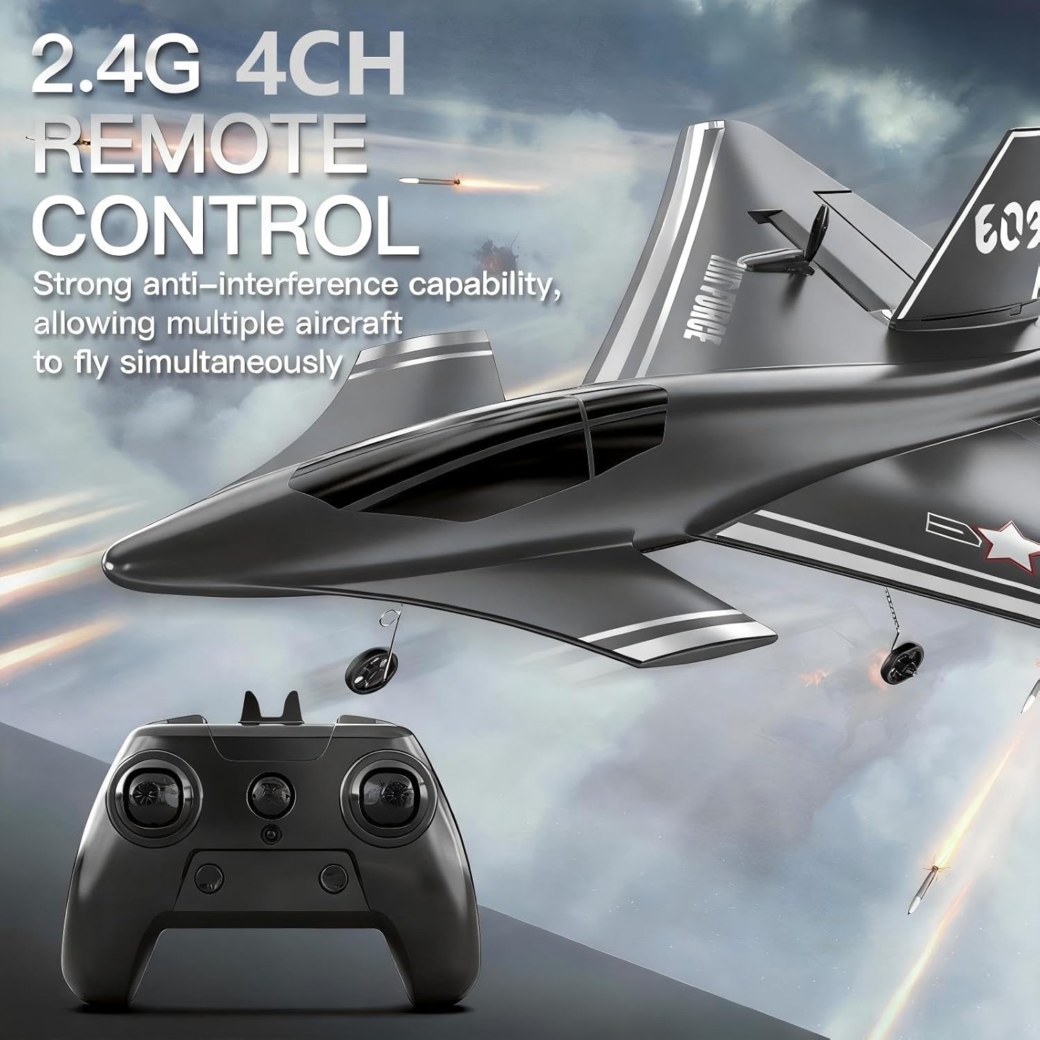 High Speed 4-Channel RC 6th Gen Inspired RC Fighter 47 with Gyro Stabilization - 25min Flight, 2 Launch Modes & Reinforced EPP Body, 2.4GHz 4CH Remote Control Jet Aircraft for Outdoor Adventure