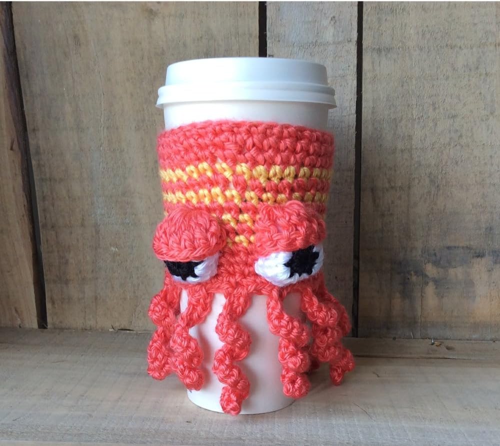 Bright and Happy Octopus Coffee Cozy in Coral and Yellow. This Octopus also likes tes. Great gift card holder, especially for the coffee addict on your list