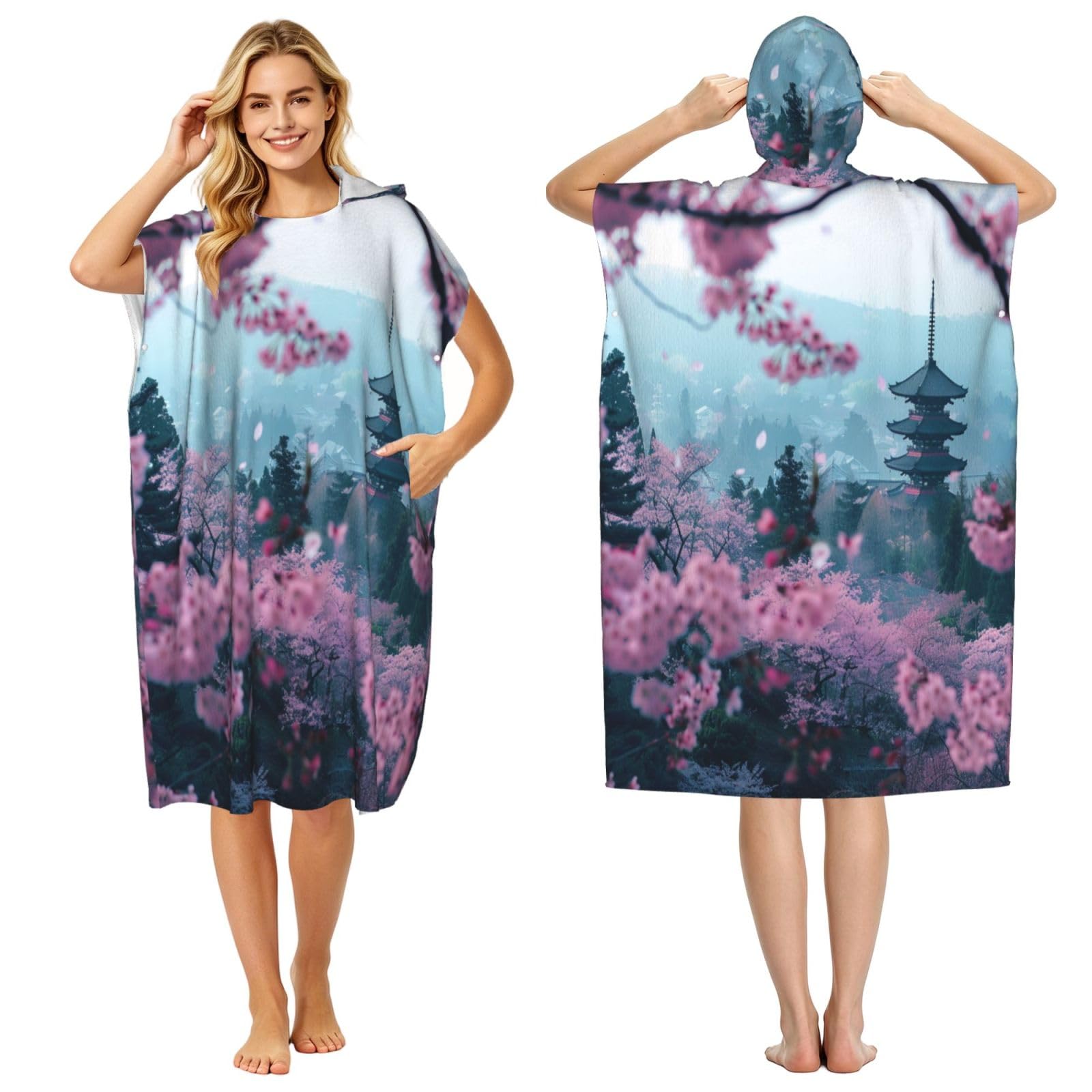 KLGRTJHK Cherry Blossom Grove Adult Hooded Beach Poncho Towel 43"X35"