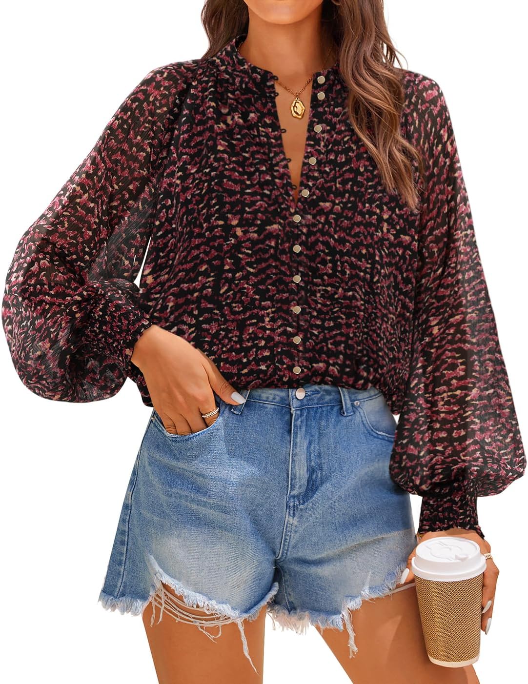 ZESICA Women's Floral Print Blouse 2026 Long Sleeve Button Down Casual Fall Boho Oversized Tops Shirts