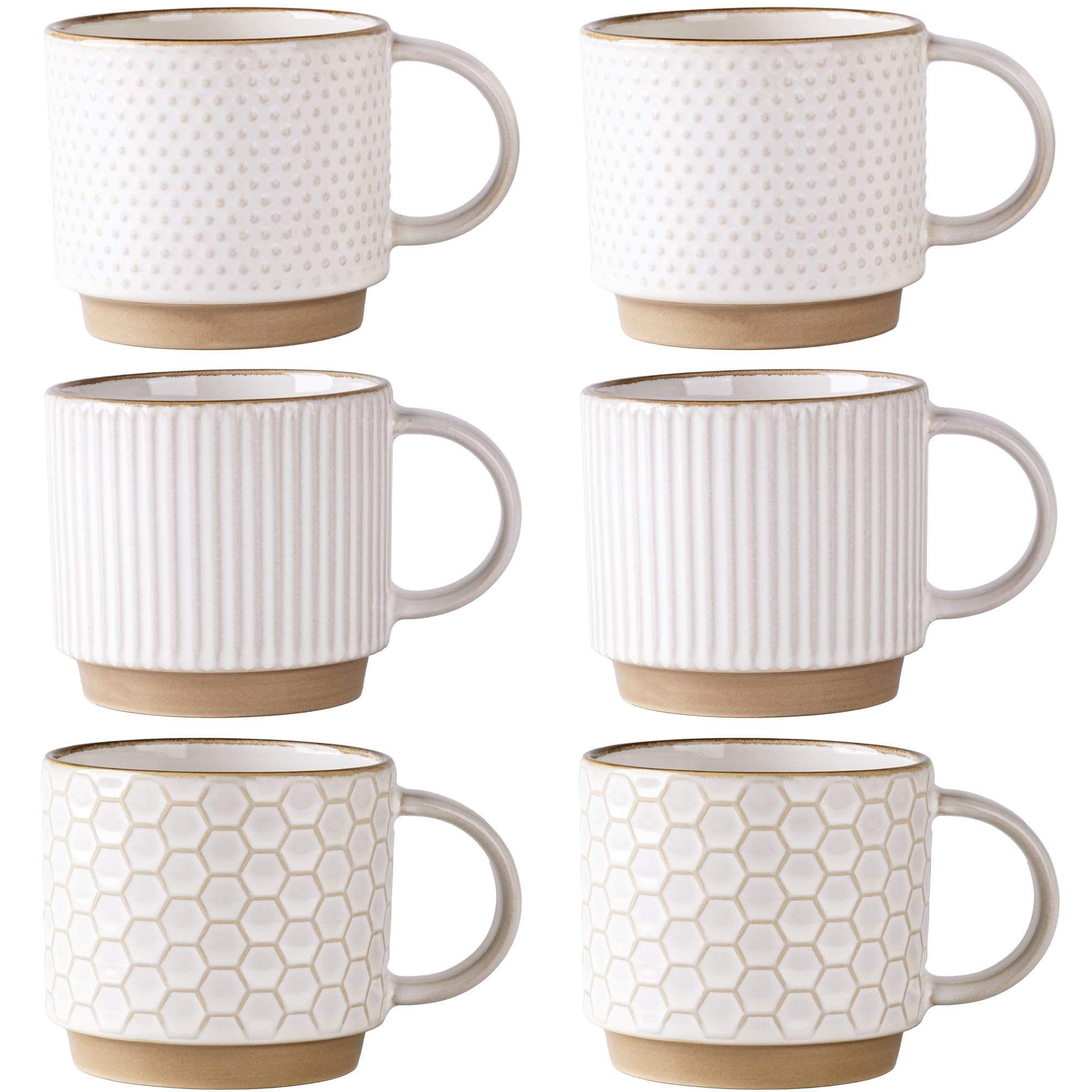 GBhome 12 OZ Stackable Coffee Mugs Set of 6, Ceramic Coffee Mugs with Texture Patterns for Man,Woman,Dad,Mom, Modern Coffee Cups for Latte/Cappuccino/Cocoa. Dishwasher&Microwave Safe