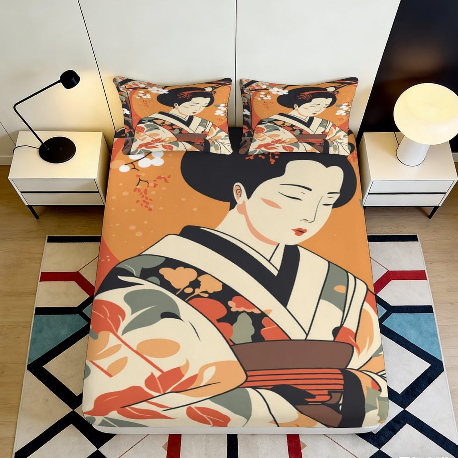 Pnayamiorkfel Style-6 3D Printed Japanese Geisha Fitted Sheet Microfiber Orange Kimono Art Mattress Cover Bedroom Protector Decor 90X200x25cm