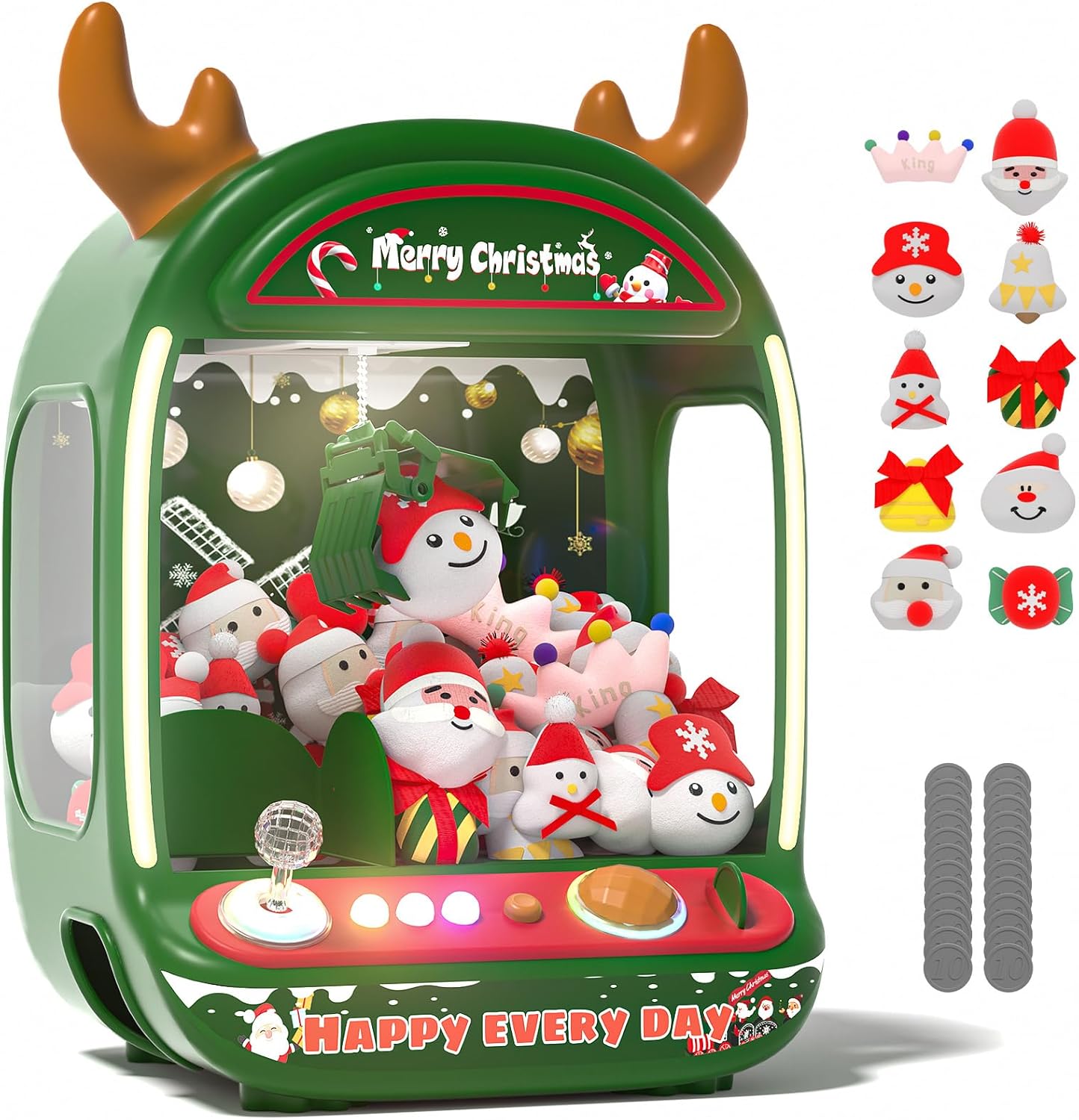 *missing some toys* Skirfy Christmas Claw Machine for Kids, Holiday Toys for Girls Age 6+, Mini Arcade Game Vending Machine with Plush Toys and Candy Dispenser, Festive Claw Game Machine, for Girls Xmas Green