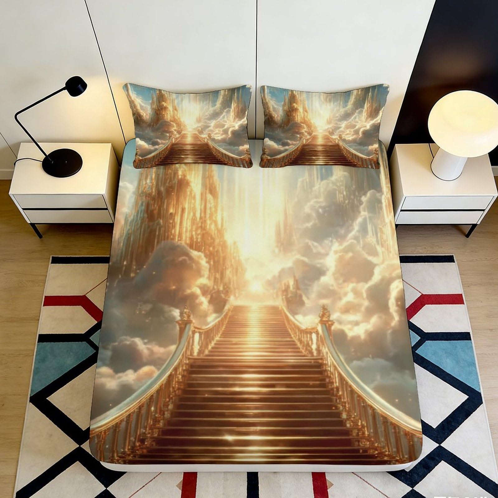 Pnayamiorkfel Style-1 3D Printed Golden Stairway To Heaven Fitted Sheet Microfiber Anti-Slip Elegant Cloud Bed Cover For Bedroom Guest Room 90X200x25cm
