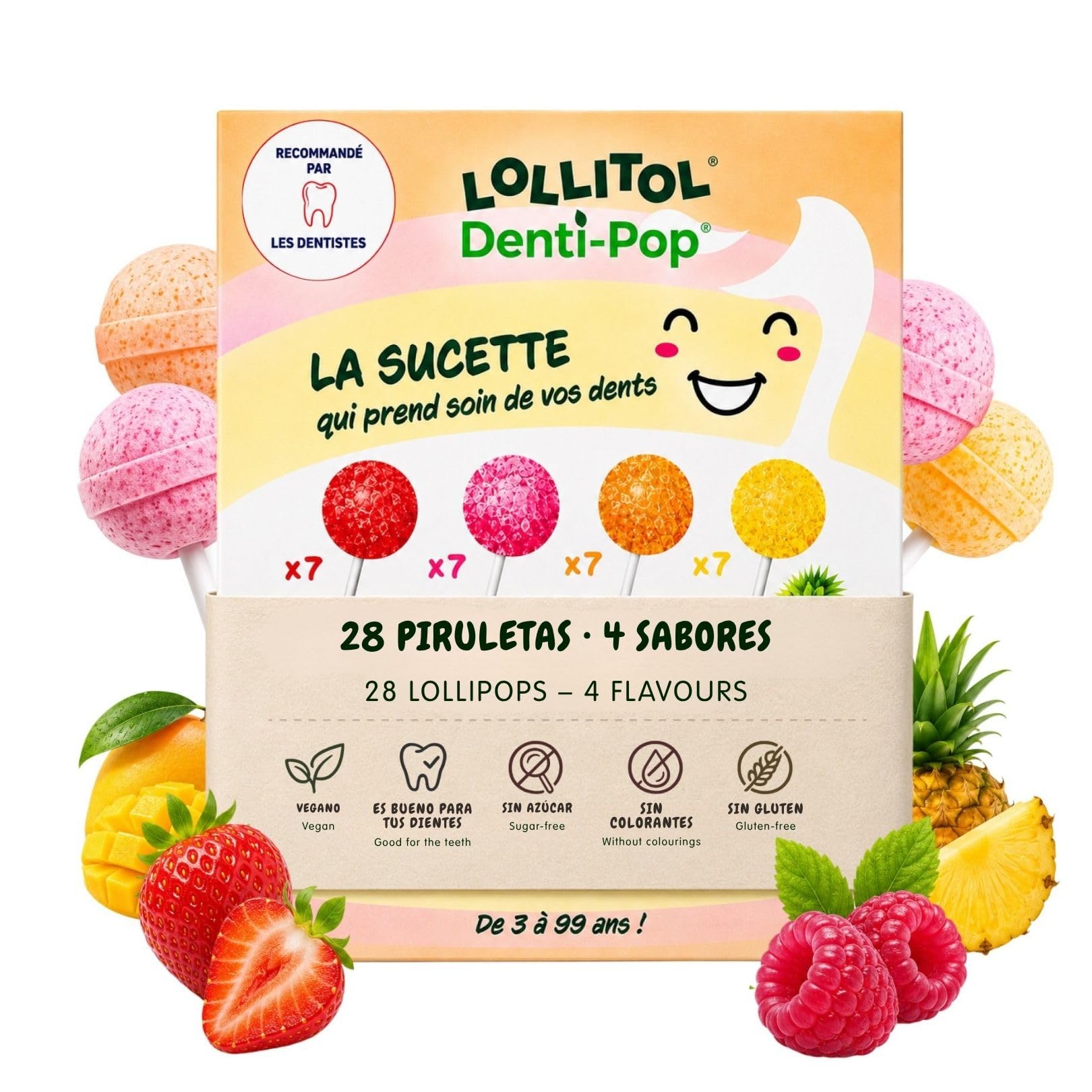 LOLLITOL Piruletas Sin Azúcar 28 Piezas – Caramelo Sin Azúcar, Lollipop Vegano Sabores de Fruta (Fresa, Frambuesa, Mango, Piña) – Sin Aspartamo, Estuche Degustación