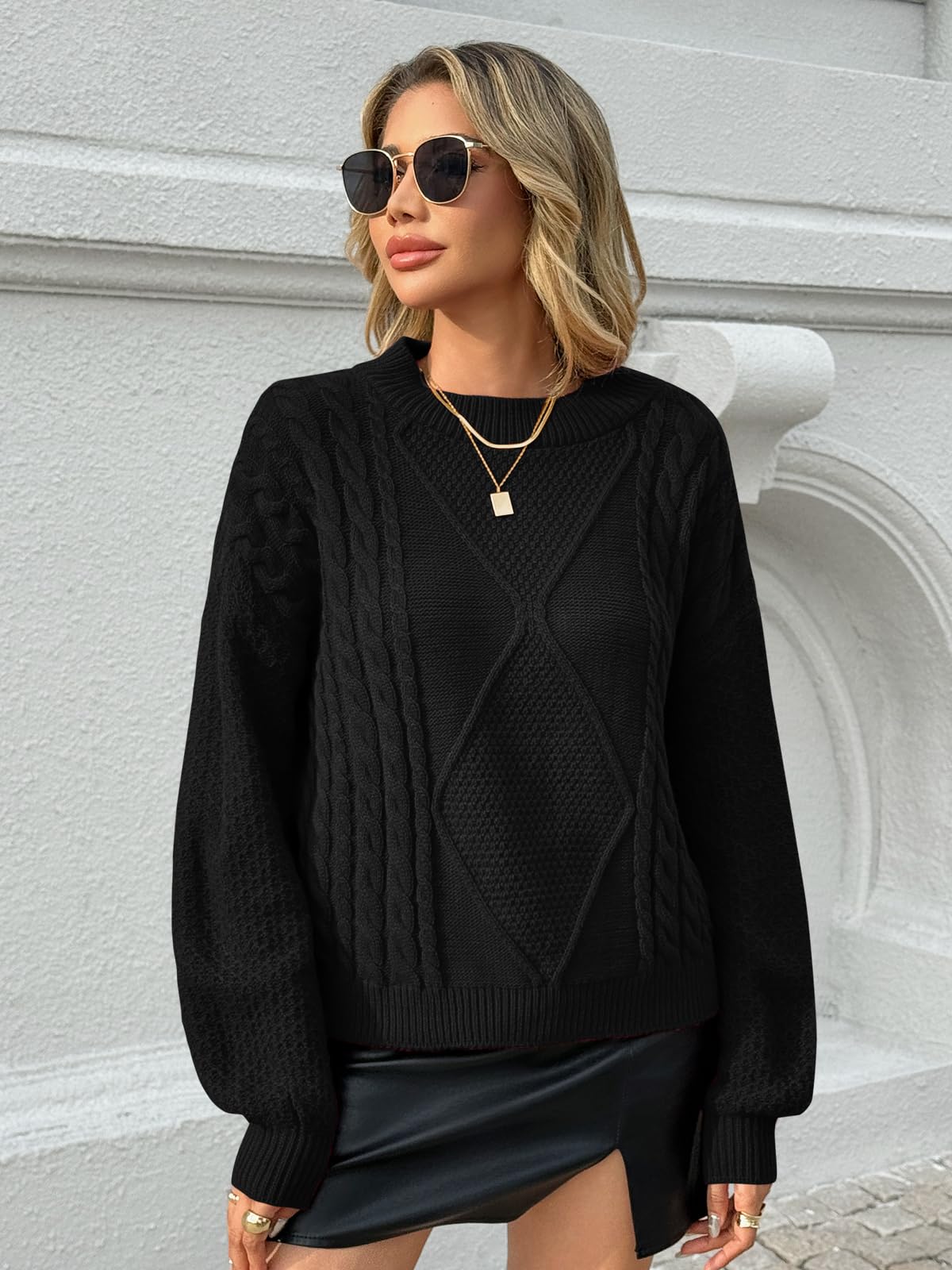 Fisoew Damski sweter oversize, okrągły dekolt, wzór warkocza, długi rękaw, sweter z dzianiny, na zimę, gruby sweter