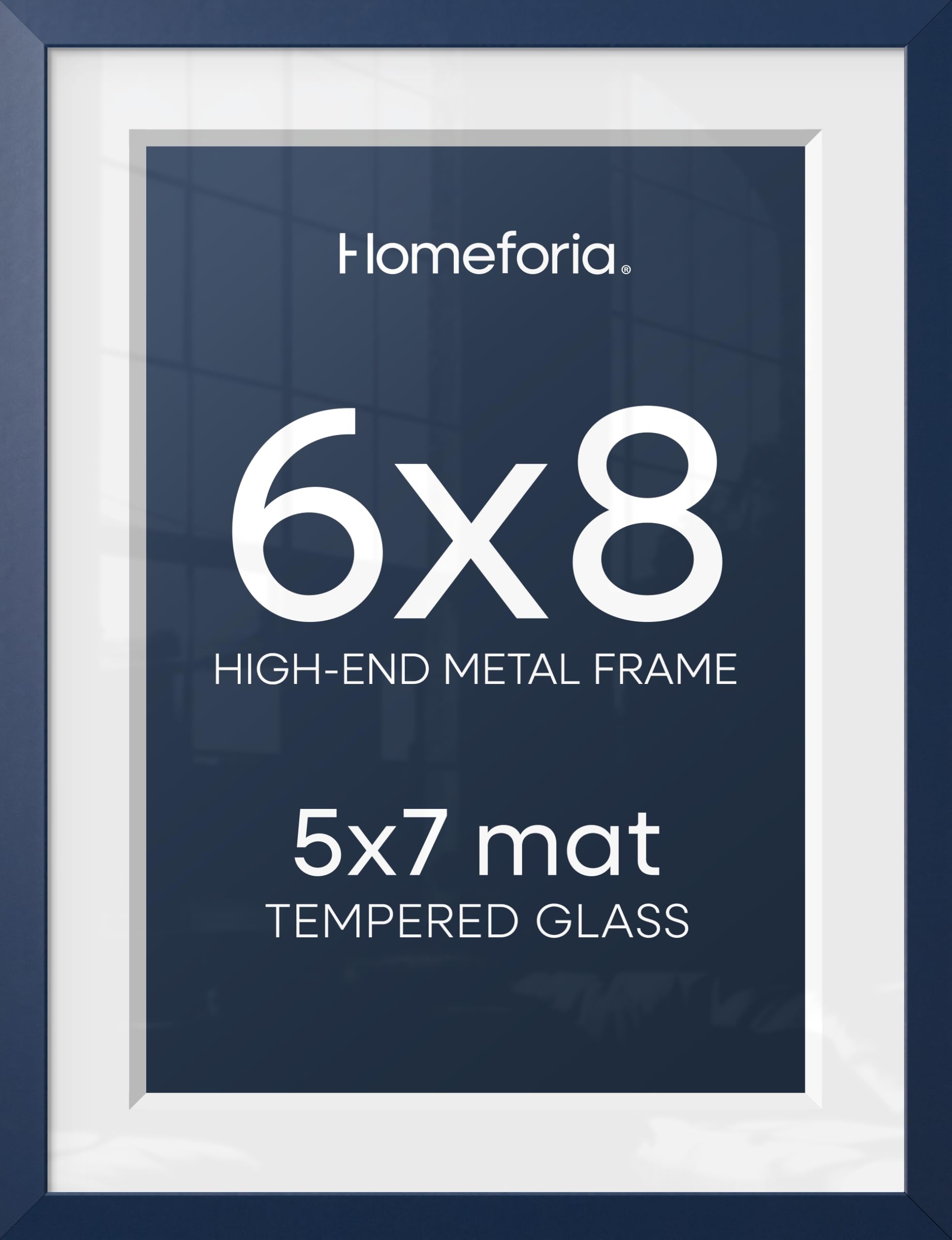 Homeforia 6x8 Blue Picture Frame, High-End Metal, 5x7 Mat, Glass | High End Aluminum, Tempered Glass, Acid-Free 5x7 Removable Mat, 6x8 in Edge-to-Edge Display 8x6, Wall Kit, Set Of 1