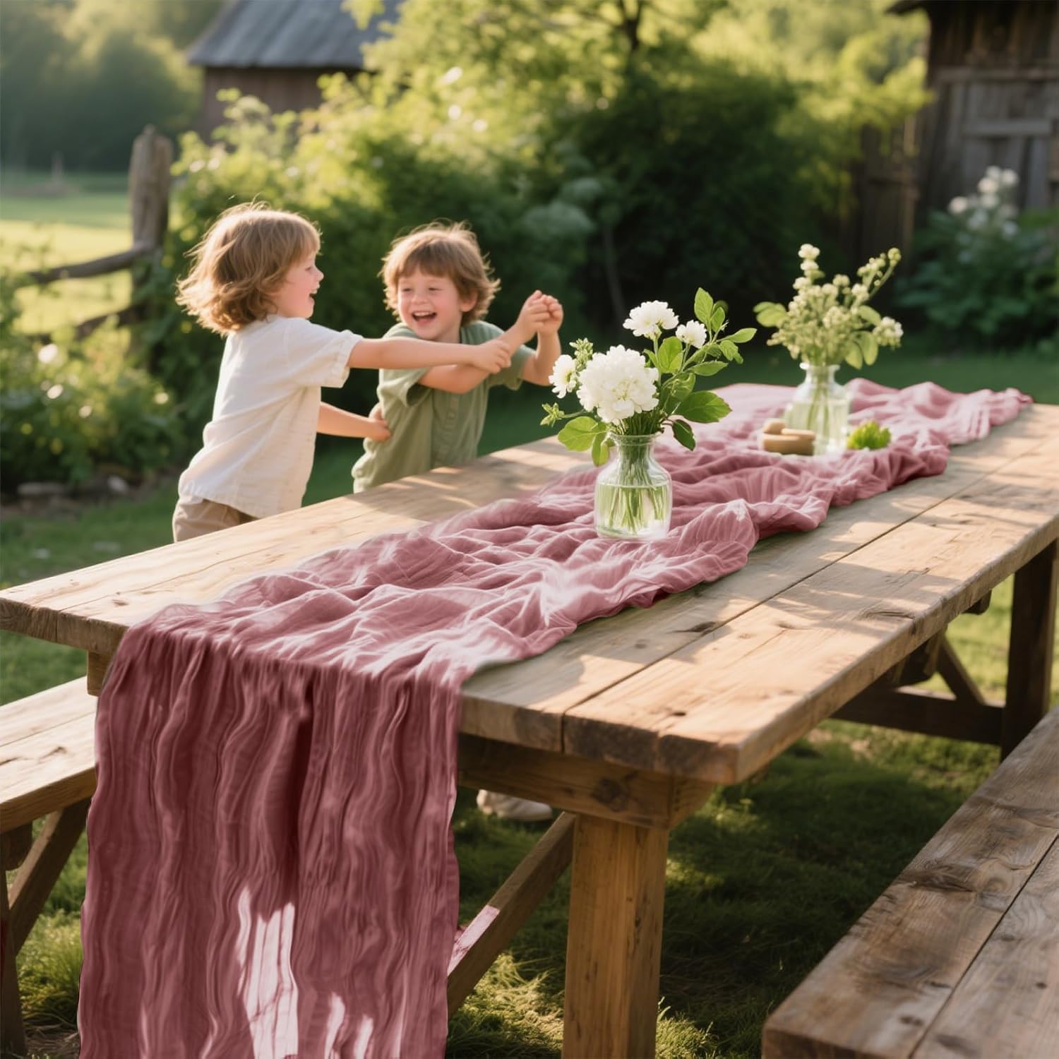 6 Pack Dusty Pink Cheesecloth Table Runner 35 x 120 inch Boho Rustic Gauze Table Runner 10 FT Long, Semi Sheer Cheese Cloth Runner for Wedding Party Banquet Baby Shower Birthday Decoration