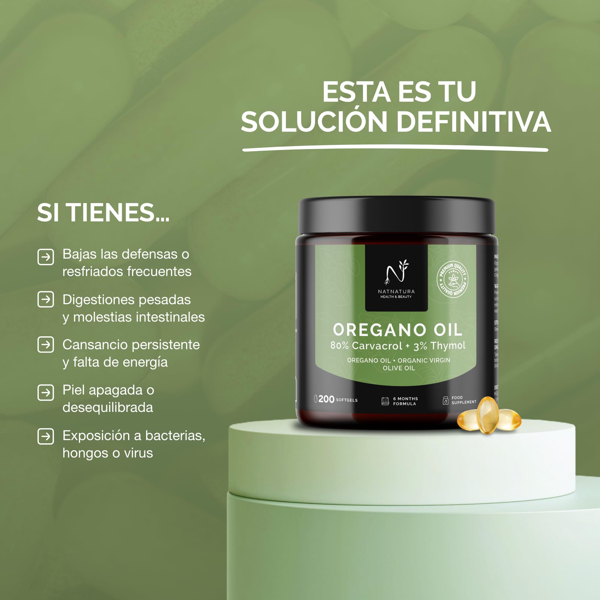 Aceite de Orégano 80% + 3% Timol | Con Aceite de Oliva Virgen Ecológico | Bienestar y Defensa Natural | 200 cápsulas | 6 Meses Fórmula | NATNATURA